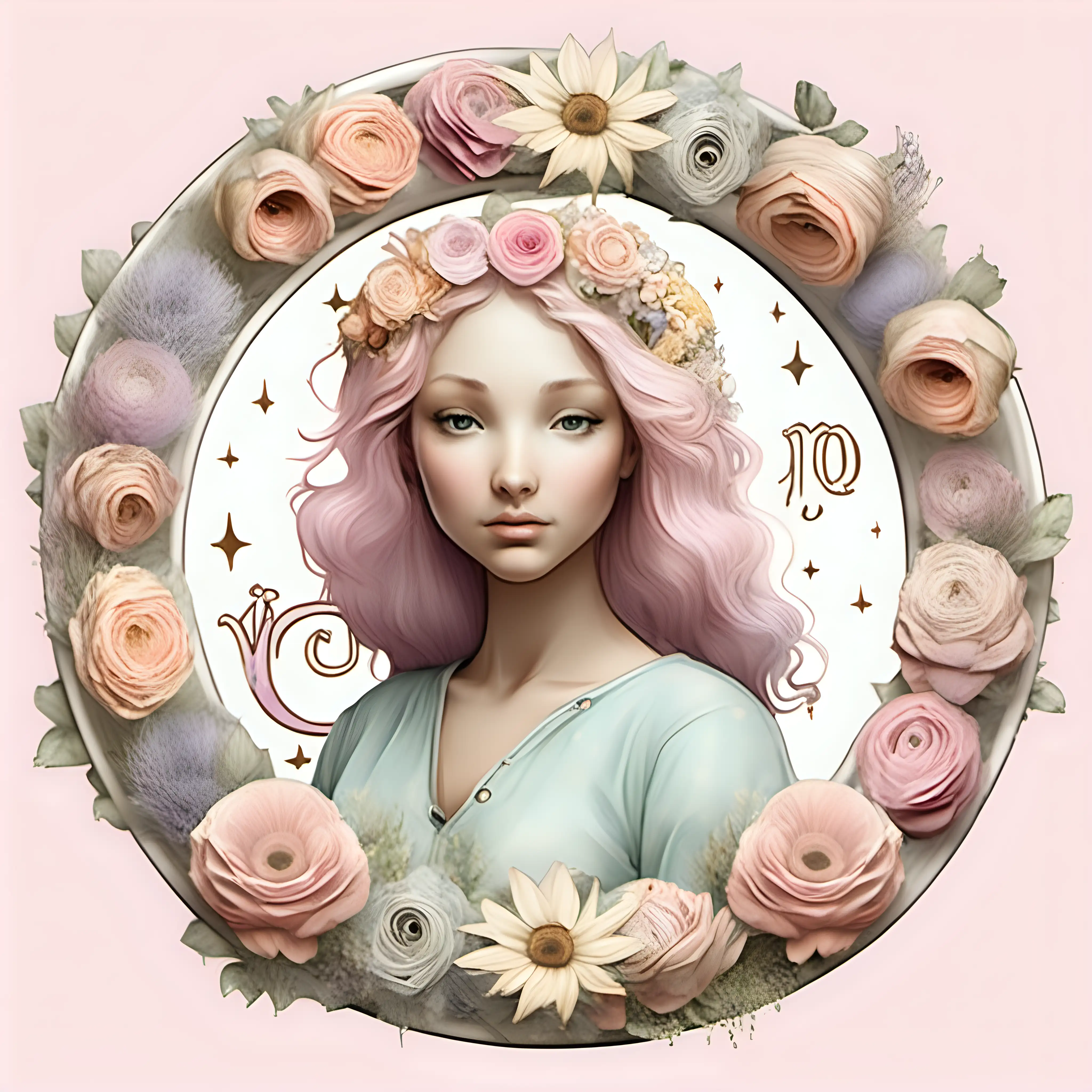 Whimsical Virgo Zodiac Sign with Floral Accents in Pastel Cartoon Style