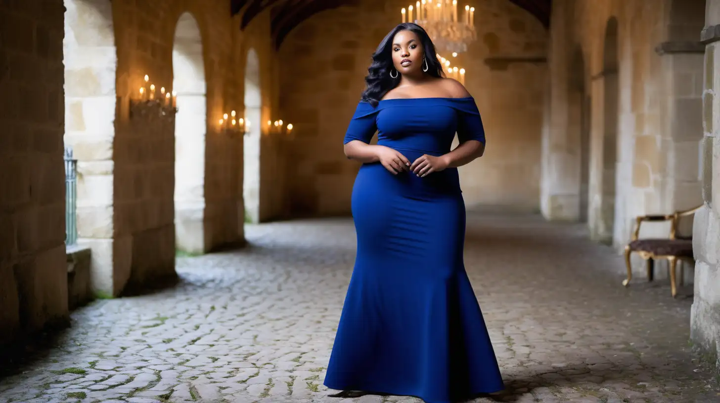 Elegant Plus Size Model in Royal Blue OffShoulder Dress at Winter Castle