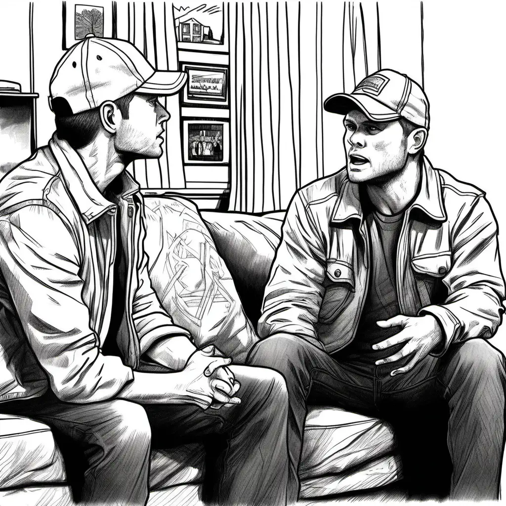 simple black and white drawing of  Gary in ball cap and Dean in cap, arguing in living room from 'Supernatural' episode all dressed in white 