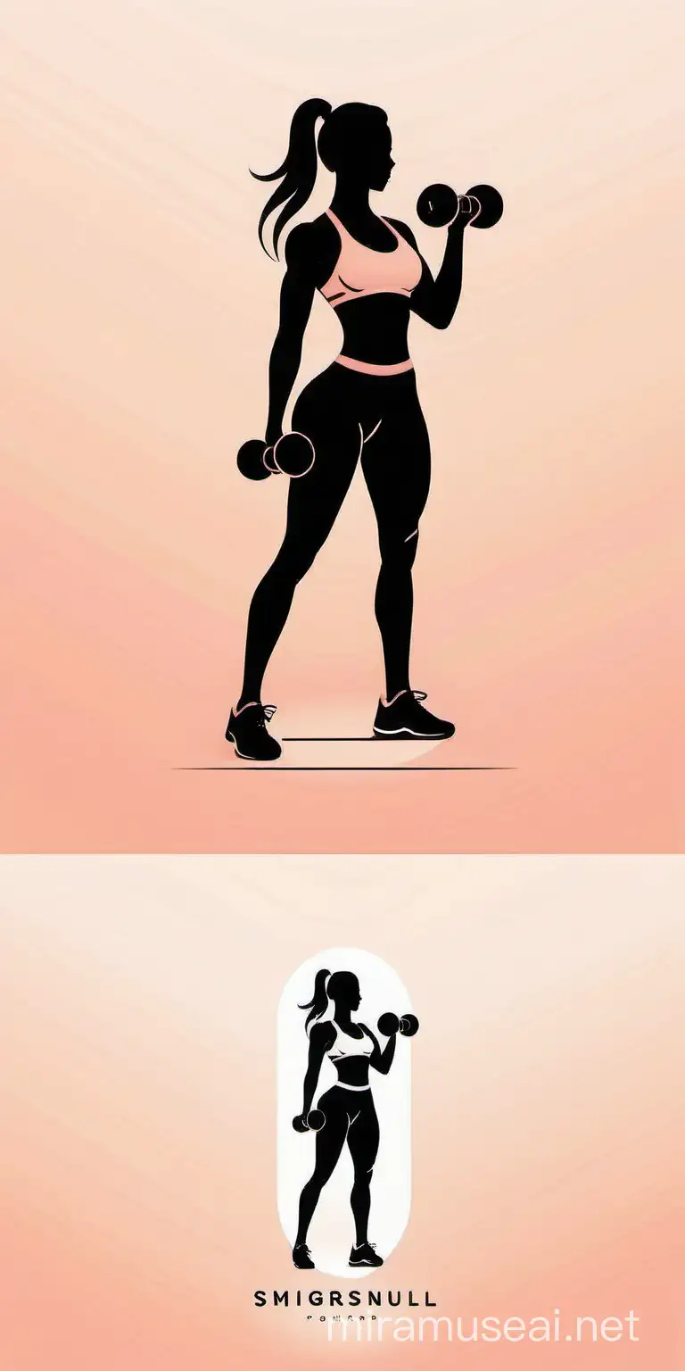 "Create a modern logo in a minimalist style with an image of a slim female fitness silhouette.In full height, the silhouette should depict a girl holding a dumbbell in her hand.