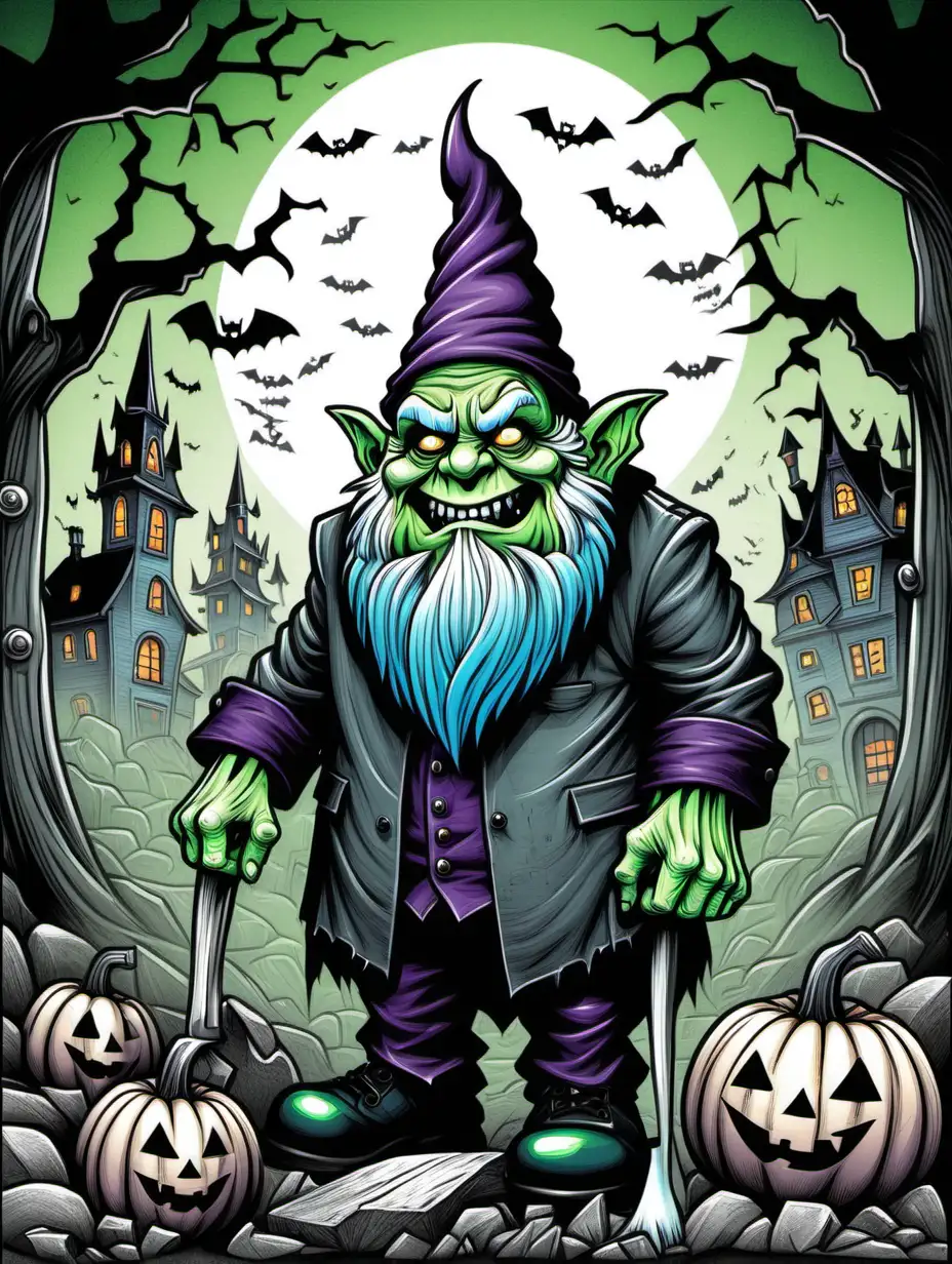 adult illustration page, halloween frankenstein  gnome, , thick lines, low detail, vivid color