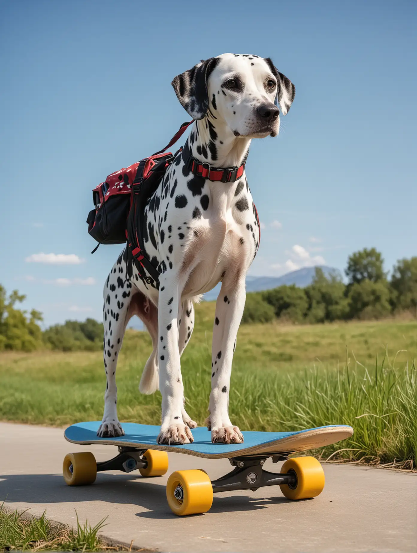 Dalmatian  on skate board, rucksack, blue sky and 
grass in background