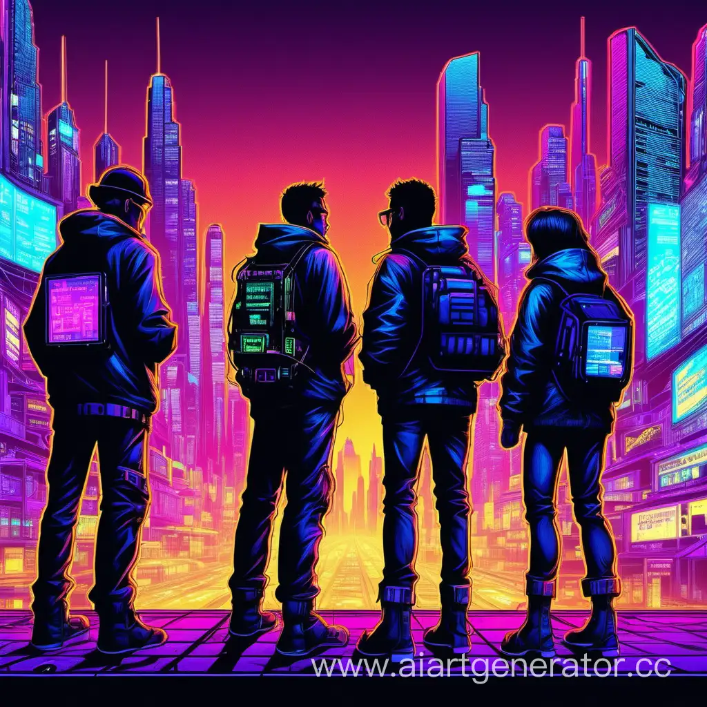 Группа хакеров-активистов состоящая из 3-х человек, наблюдает за неоновым городом, стиль  киберпанк