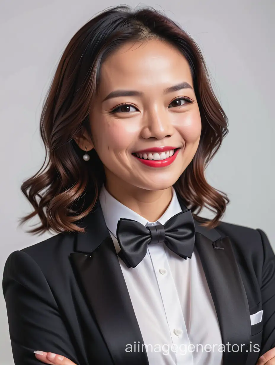 40 year old cute and sophisticated and confident and smiling and laughing Malaysian woman with shoulder length hair and lipstick wearing a black tuxedo with a white shirt and a black bow tie, crossing her arms
