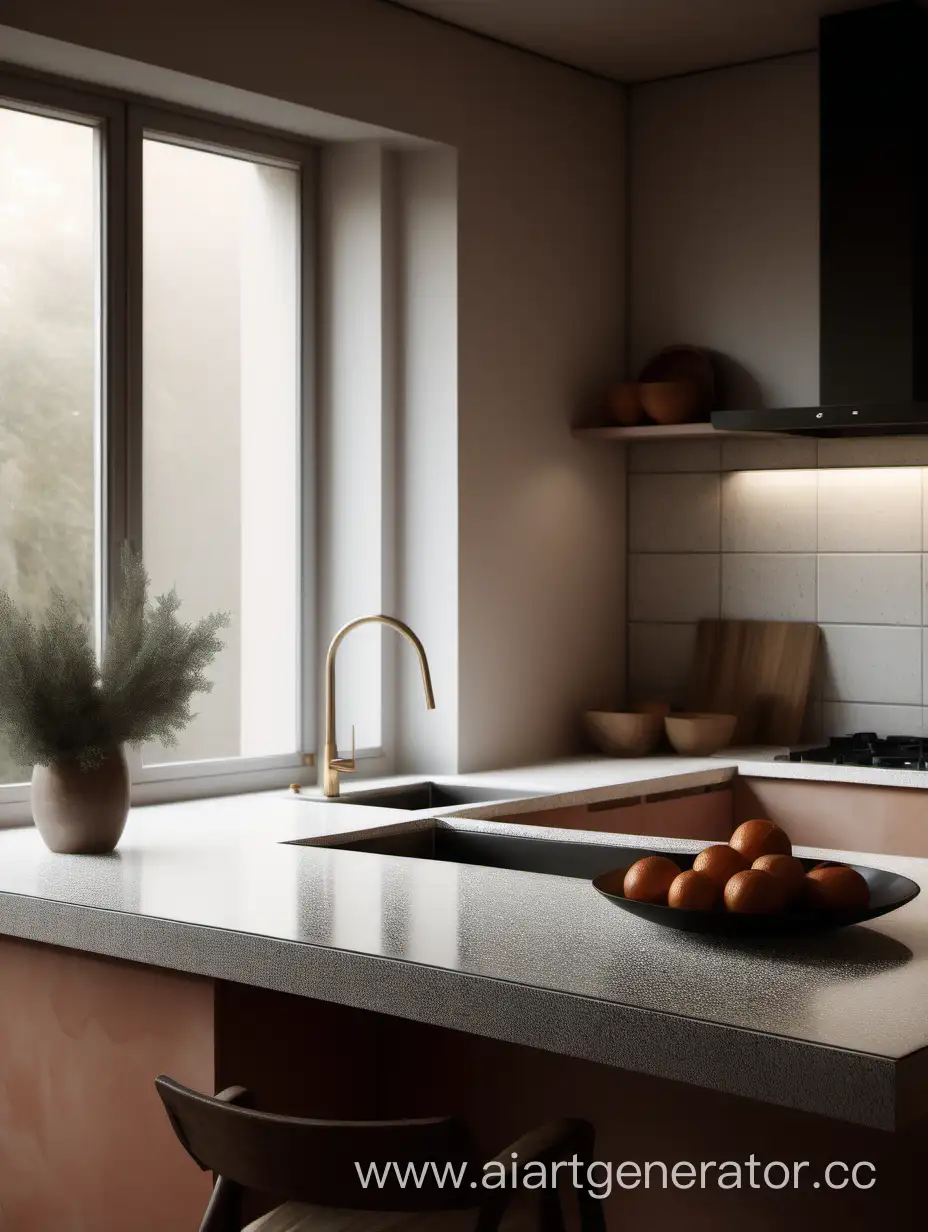 a kitchen island with a countertop by the window in the background, by Carlota Guerrero, hyperrealistic, with soft spots of light
