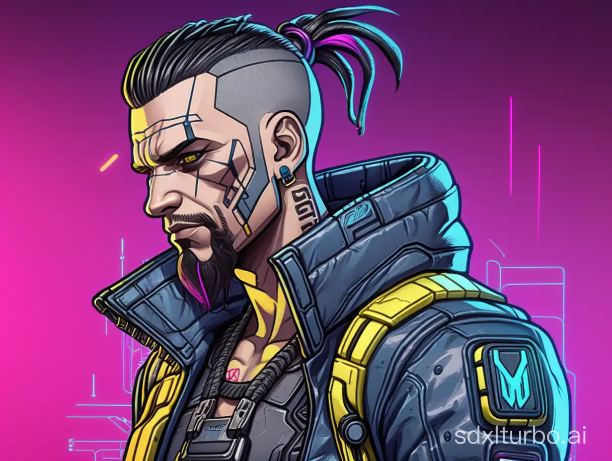 the character "V" from the game Cyberpunk 2077 drawn as a cartoon