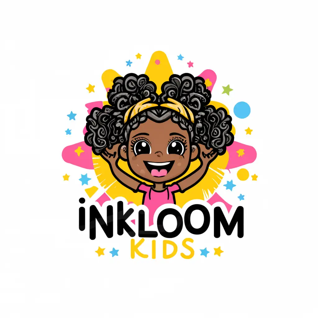 a logo design,with the text InkLoom Kids, Crafting Memories, One print at a Time main symbol: black girl child with hair in 2 puffs, smiling and playful. with the colours of Cayn, black and yellow., complex, clear background