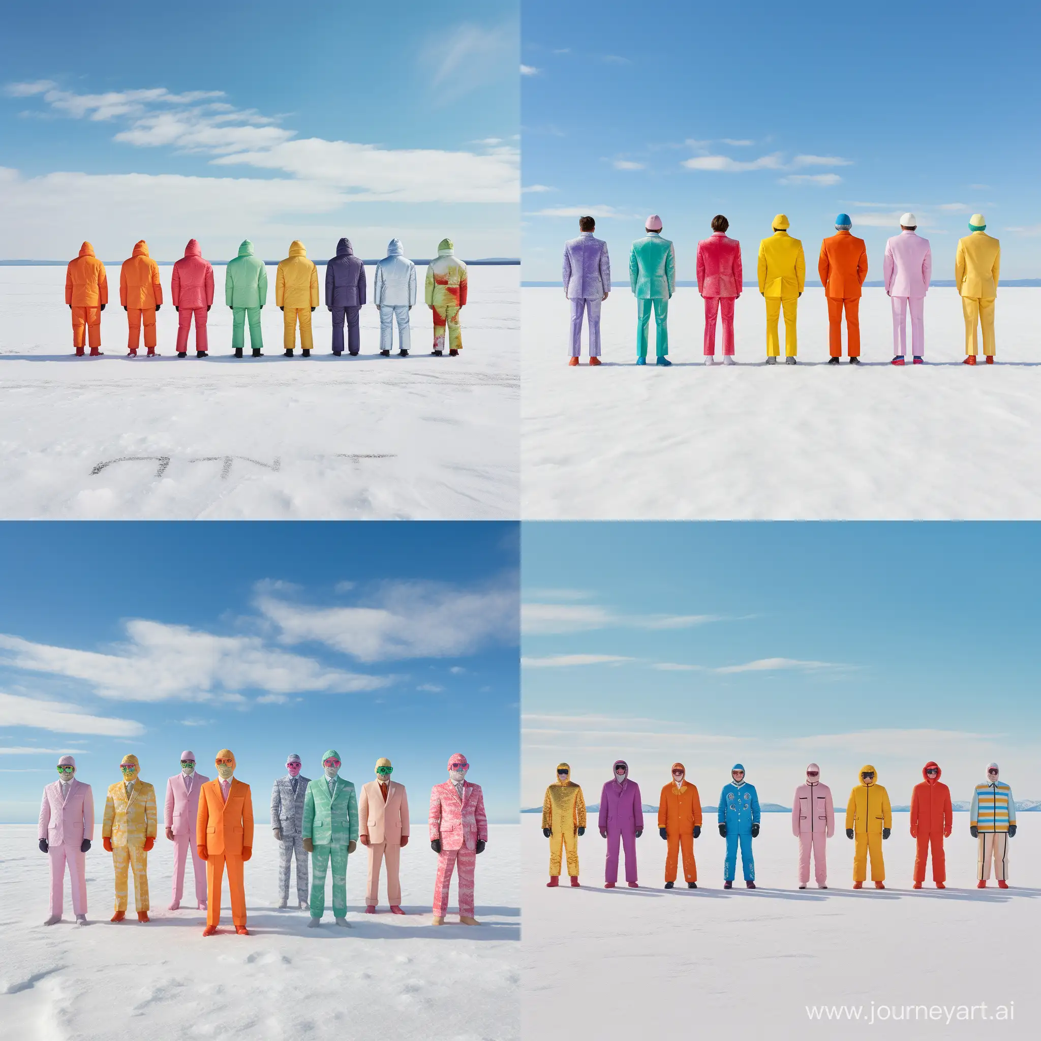 Large expanse of snow 5 people with colored suits that create a contrast