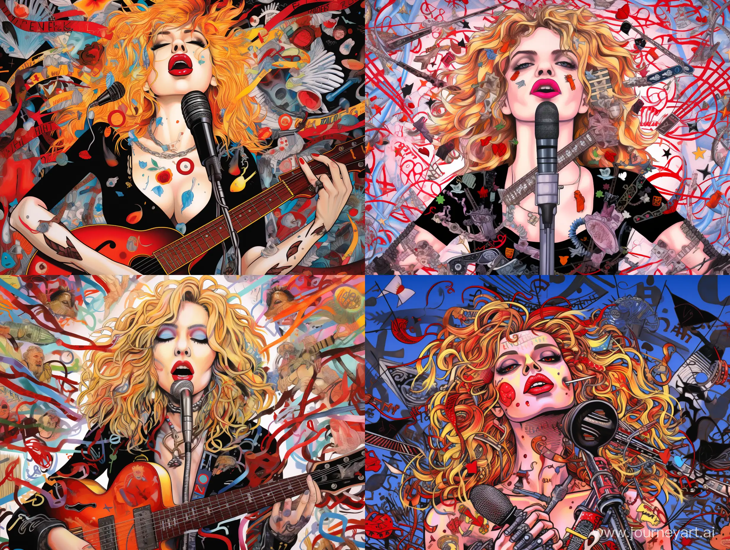 Waist portrait of Madonna Louise Ciccone singing, surrounded by musical symbols, lots of details, complex light colors, caricature, pop art style