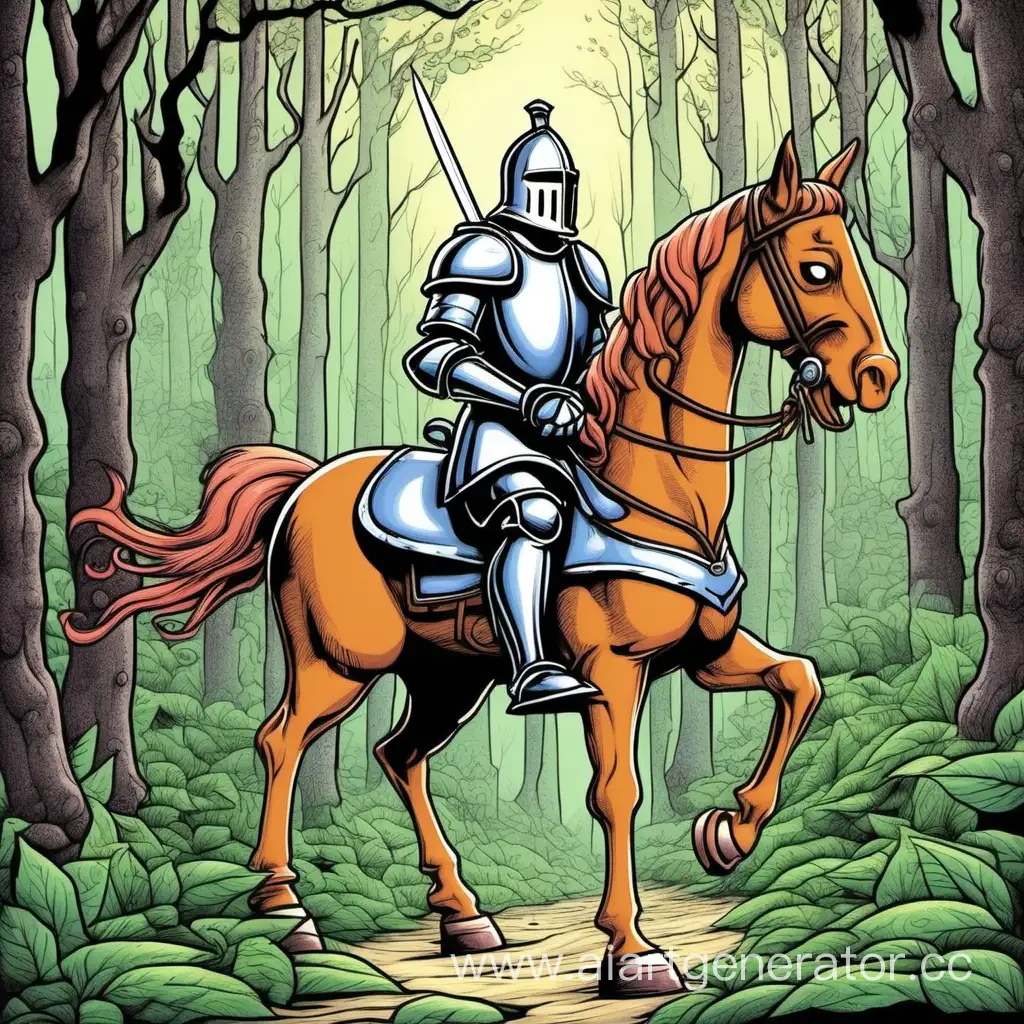 knight walks on a horse through the forest, in the style of the cartoon "The Cat's Mill" by Rose Stiebra, 90s cartoons