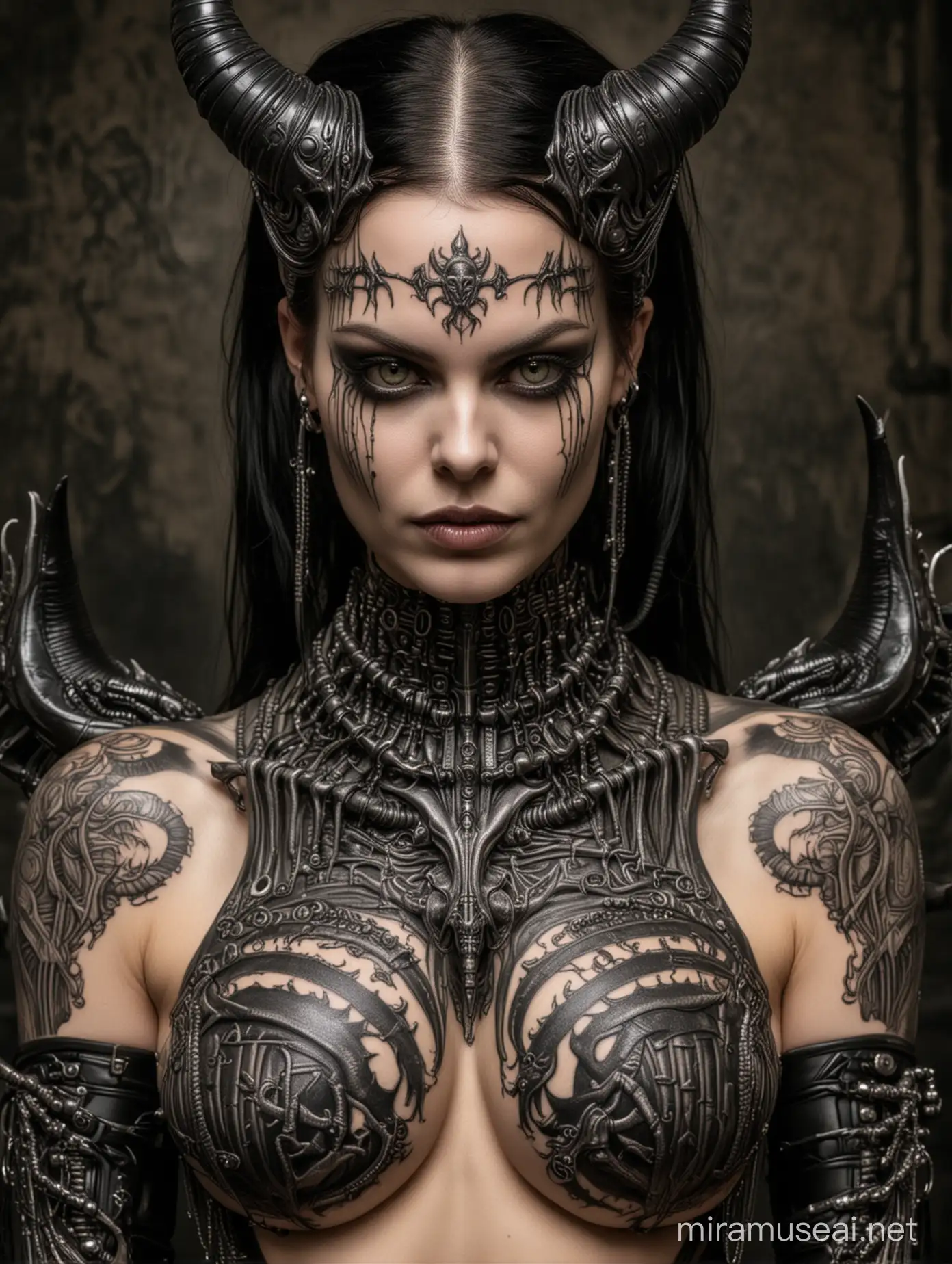 Hr Giger style devil girl with tattoo corset metal skin beads and Sado maso attire