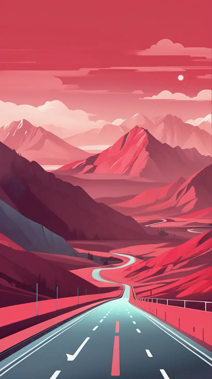 高速公路，有远山，动感色块，主色为红色，大气，插画风格