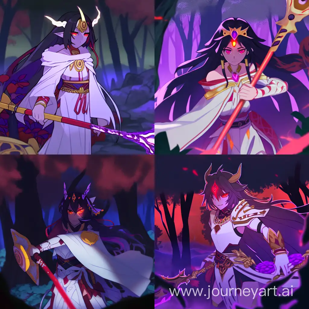 A girl, a demon with purple skin color, with long black hair, sharp purple horns on her head, gold-plated bracelets on her wrists, dressed in a white robe with red-dark patterns, a night forest background, a spear in her hands