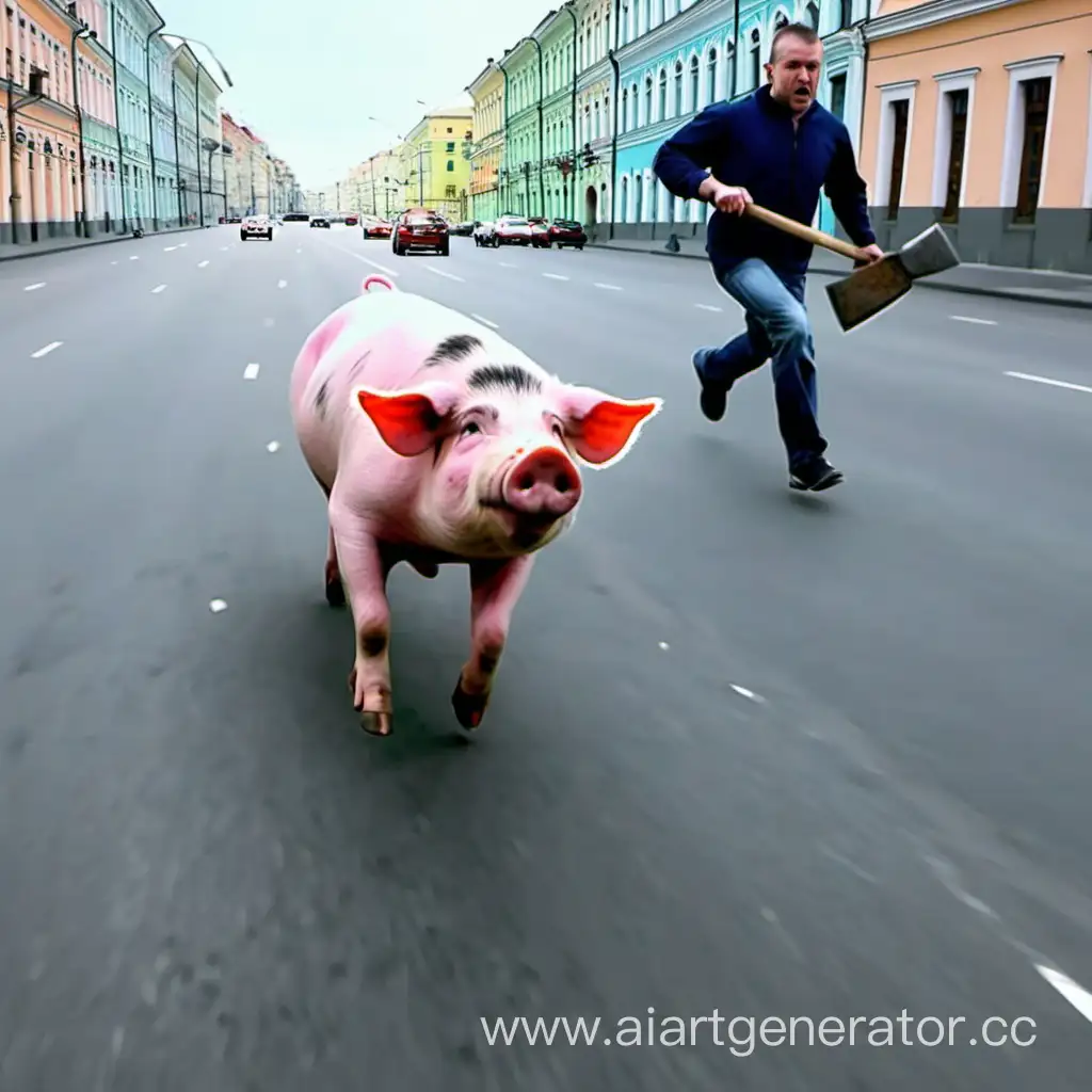 Человек с кувалдой бежит за убегающей свиньей в Питере