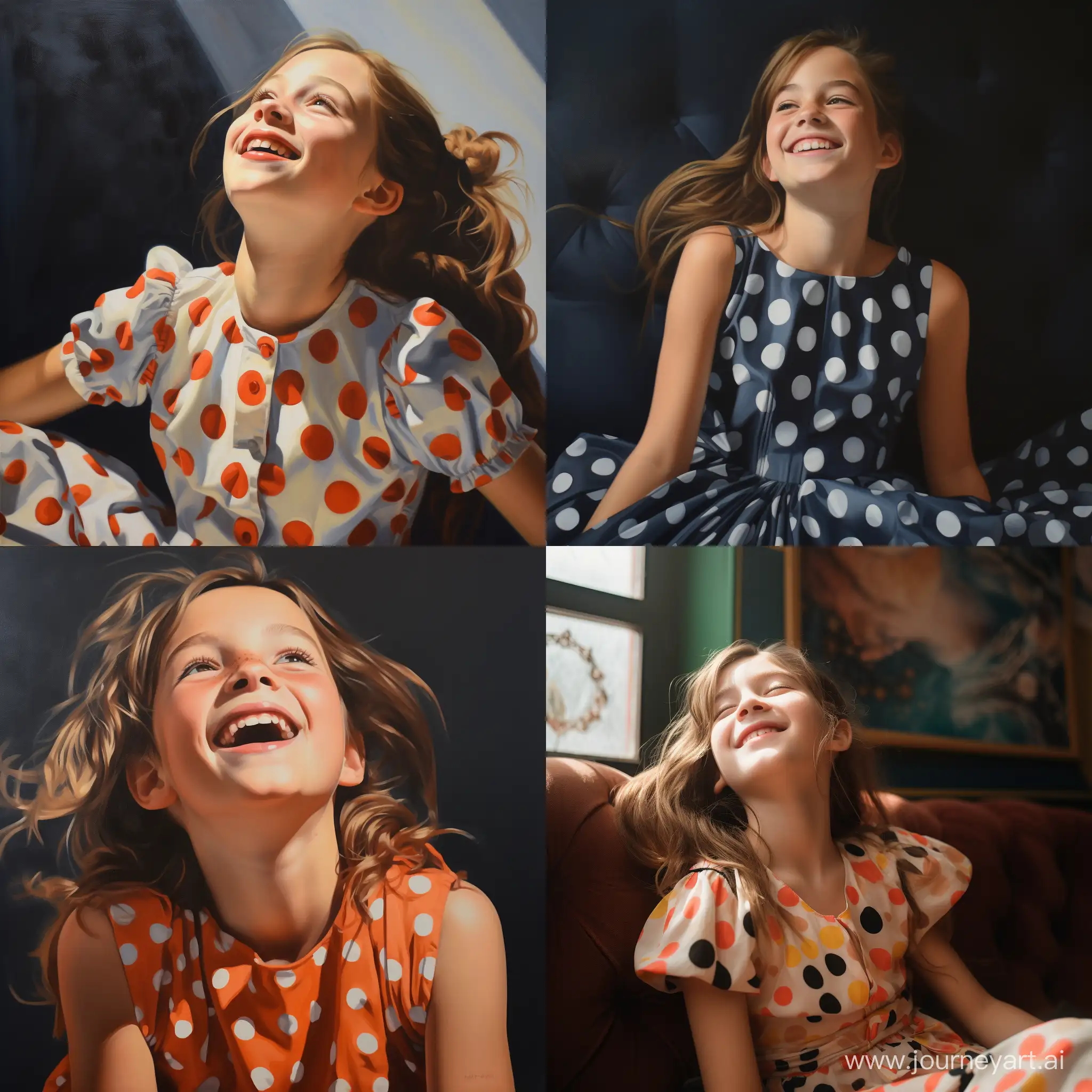 красивая десятилетняя девочка смеется в платье в горошек