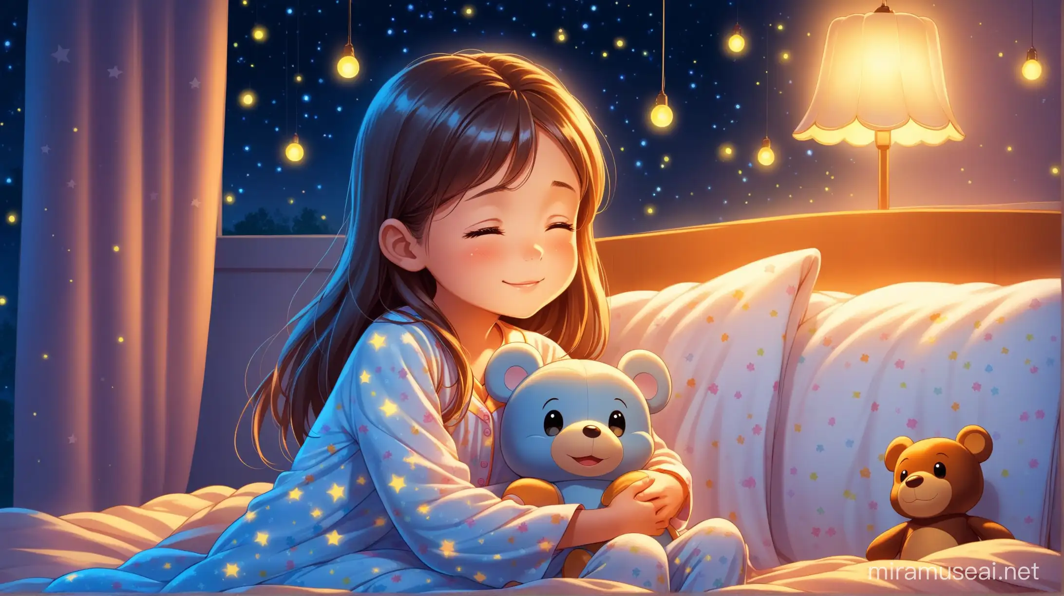 Morning stock photo, happy 10-year-old girl opens her eyes, the girl is in pajamas, sitting on the bed and hugging a childhood soft toy with a blanket. fireflies, evening, shining moonlight, disney cartoon style