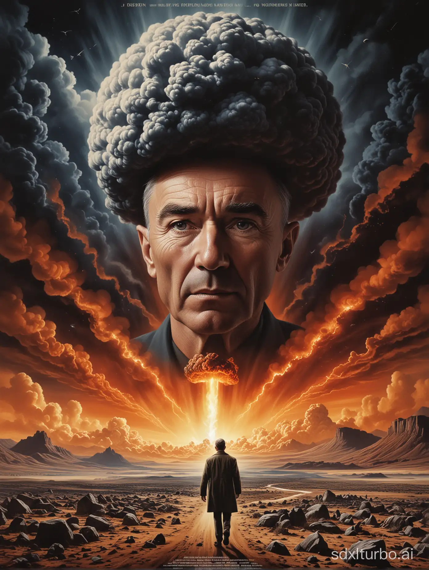 Main Visual Image:  The central focus of the poster is a portrait of J. Robert Oppenheimer, with a serious expression and deep, contemplative eyes, seemingly pondering the boundaries between science and morality. The background might feature the iconic mushroom cloud of an atomic explosion, symbolizing his historical status as the "father of the atomic bomb" and hinting at the themes explored in the film.  Color and Atmosphere:  The overall tone of the poster is likely to be in dark shades, such as deep blue or gray, creating an atmosphere of tension and mystery. The mushroom cloud may be presented in contrasting hues of orange and red, highlighting the dual nature of scientific discoveries.  Text Information:  At the top of the poster, there might be the film's title "Oppenheimer," in bold and eye-catching typography. The name of the director, Christopher Nolan, might be placed in a prominent position with smaller but still noticeable font, attracting the audience's attention. The bottom of the poster could list the names of the main actors, as well as the film's release date and award information, such as "Academy Award for Best Picture."  Other Design Elements:  The poster might include abstract scientific elements, such as atomic models or equation symbols, to emphasize the scientific background of the film. There could be a thought-provoking tagline or a key line from the film to further pique the viewer's interest.