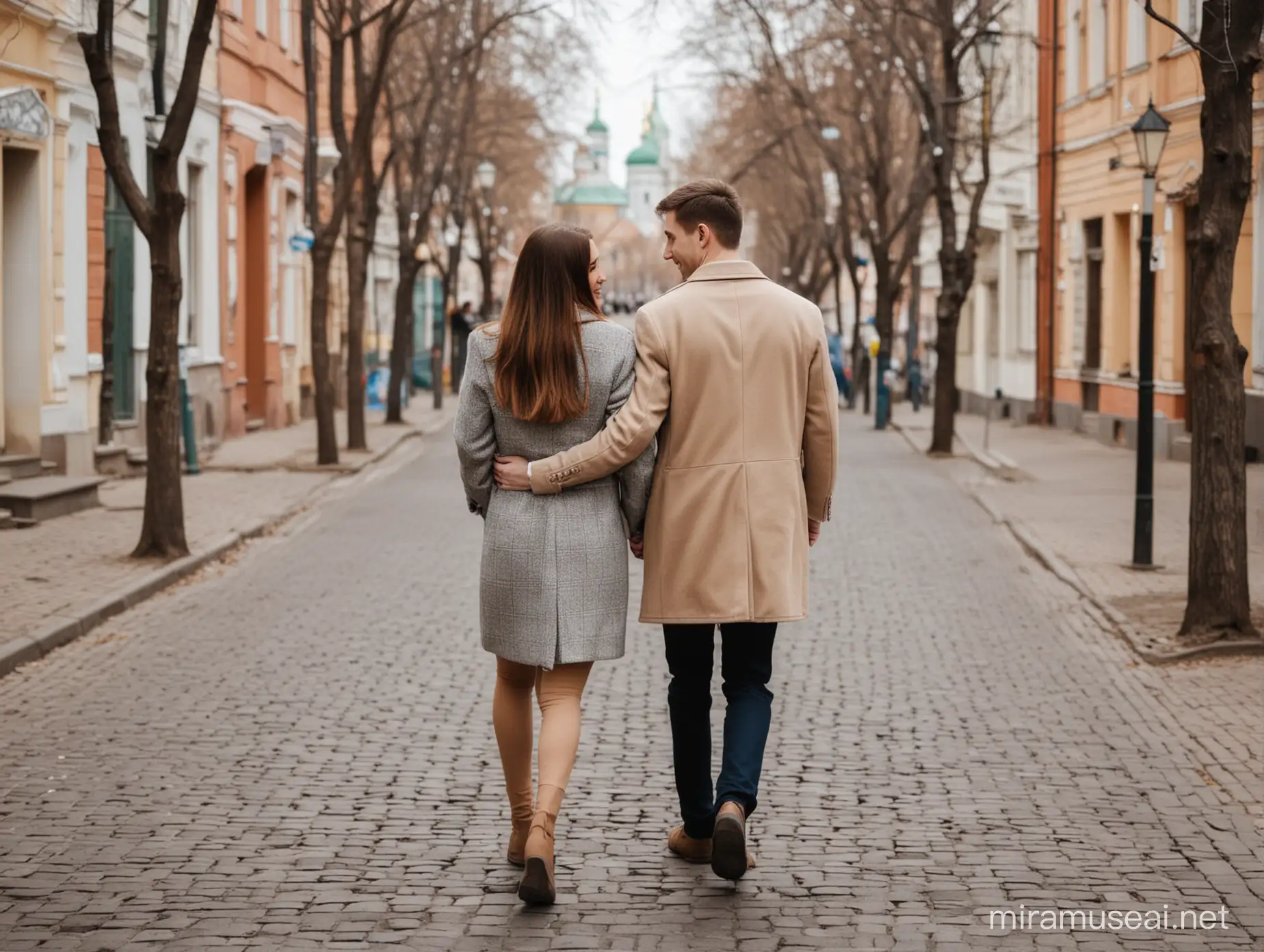 влюбленная пара гуляет по городу, фото со спины, фото по пояс, фон апрель, ярославль