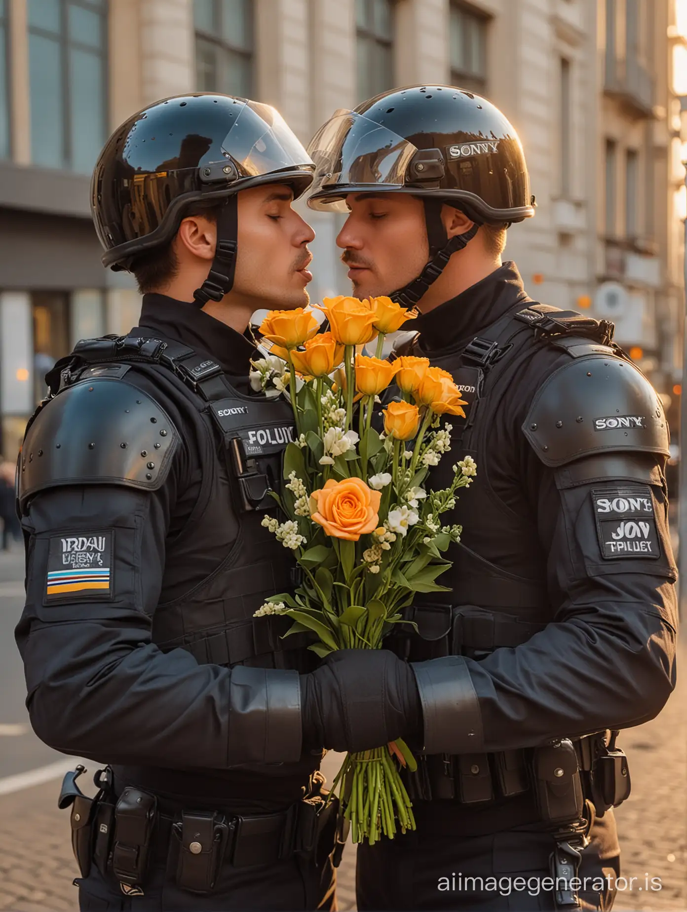 two policemen in riot gear kiss passionately, one of them has a bouquet of flowers in his hand. shot in the city taken with a latest model Sony camera, Golden Hour