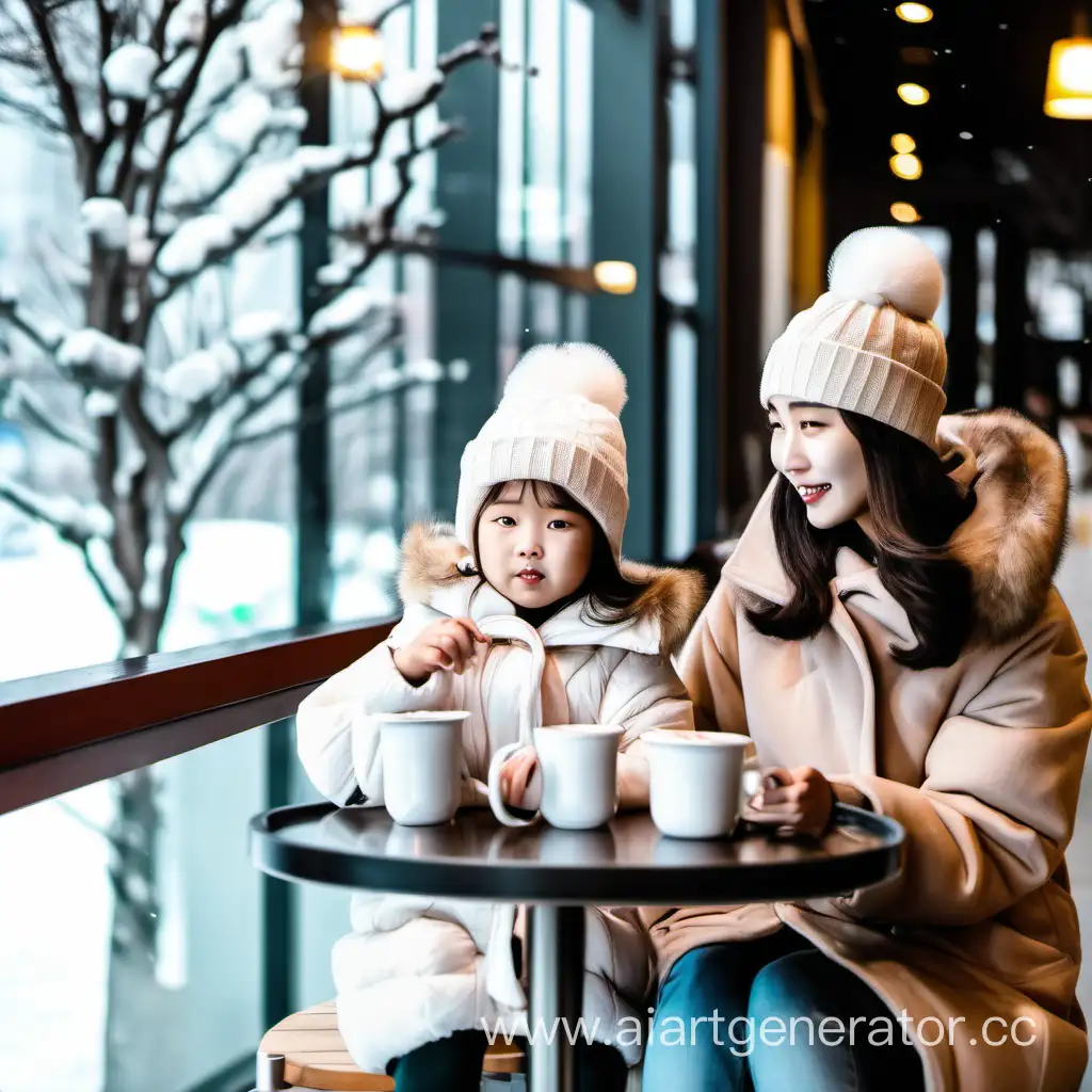 korean young mom and daughter sit in the cafe drinking hot chocolate in winter