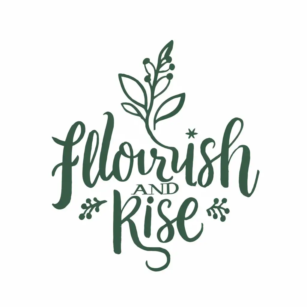 logo, SPROUTING LEAF, with the text "FLOURISH AND RISE", typography