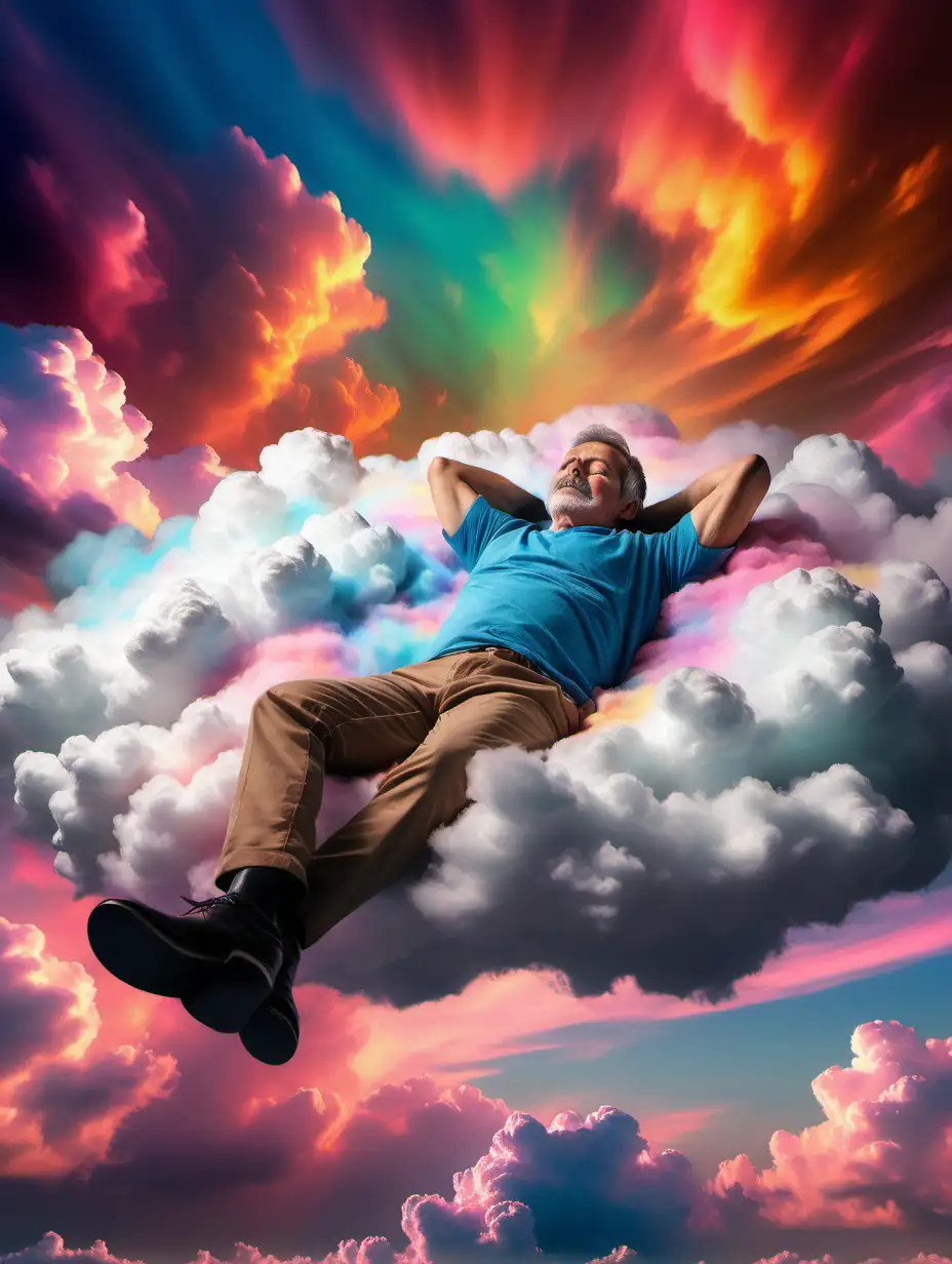 A hyper realistic photo of a middle aged man laying conformable in the sky laying on colorful clouds with colorful clouds all around him while he’s relaxing 