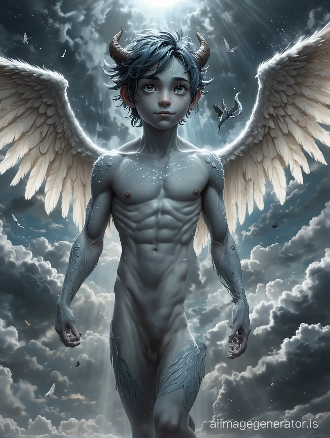 A young male water spirit with humanoid proportions, a cute boyish face, a tail, and large wings. He flies naked in the cloudy night sky. Shows the whole male juvenile in a long shot. He has smooth grey-blue skin with freckles. He is thin. On the forehead above the eyes are two horns. He has dark hair. He has claws instead of fingers and toes.
