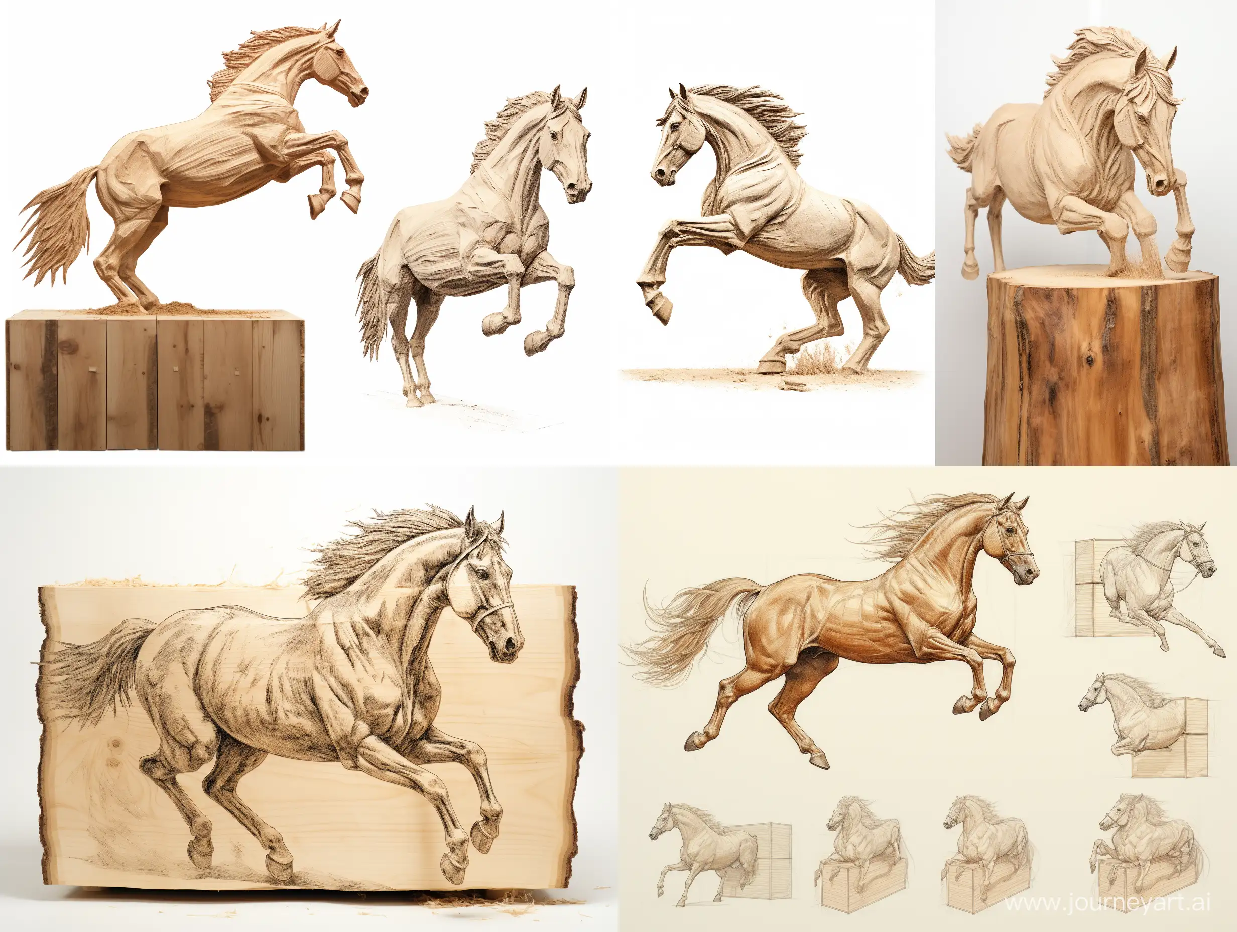 Professional wood carving sketch, life size horse in flight sitting on a large wooden cube, concept art, professional dynamic character, front, back and side view, wood carving, ready for battle 3d, white background, 8k render, ultra realistic