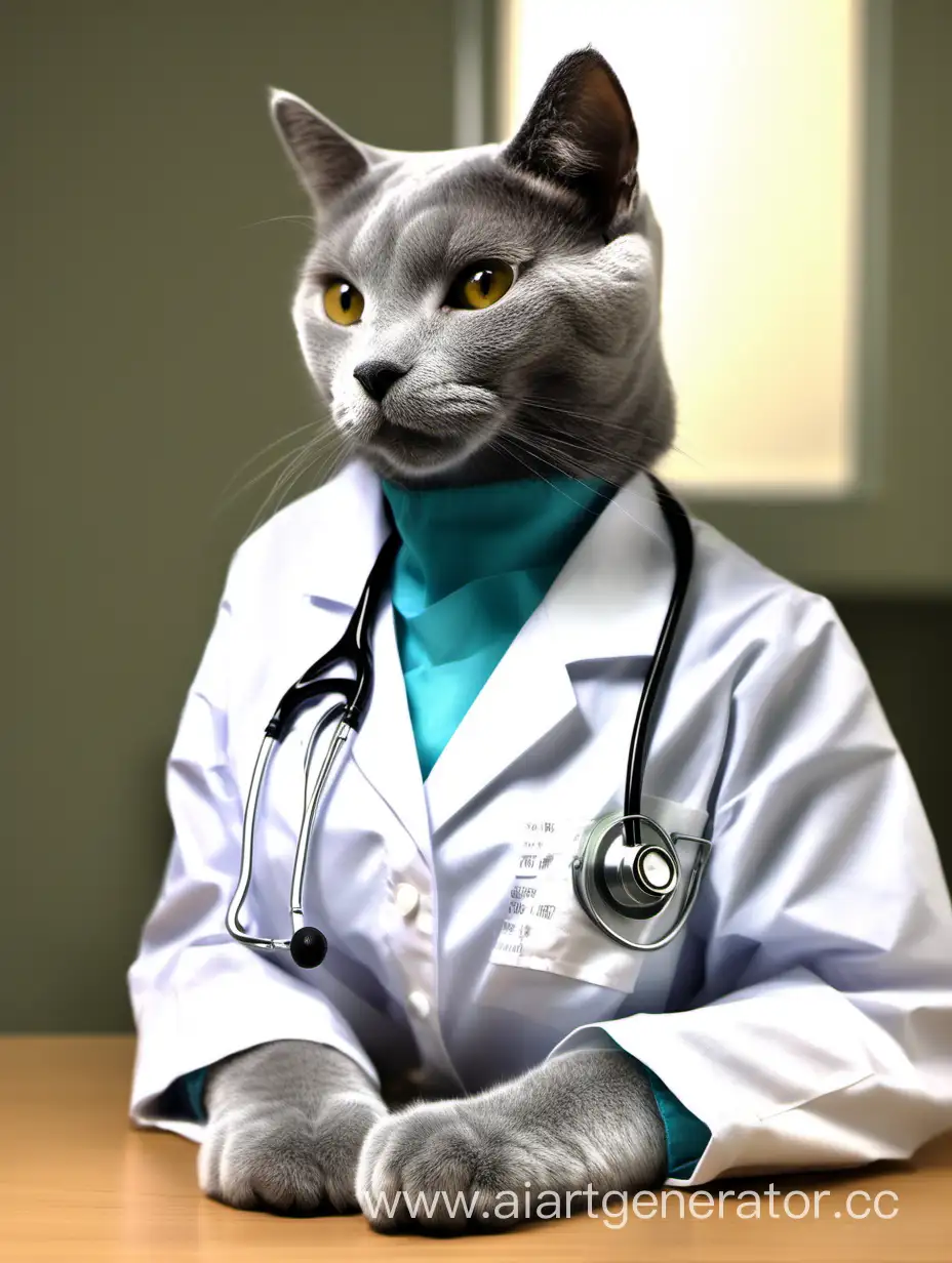 furry russian blue cat,  female, medical clothes, medical class in university, brown hair