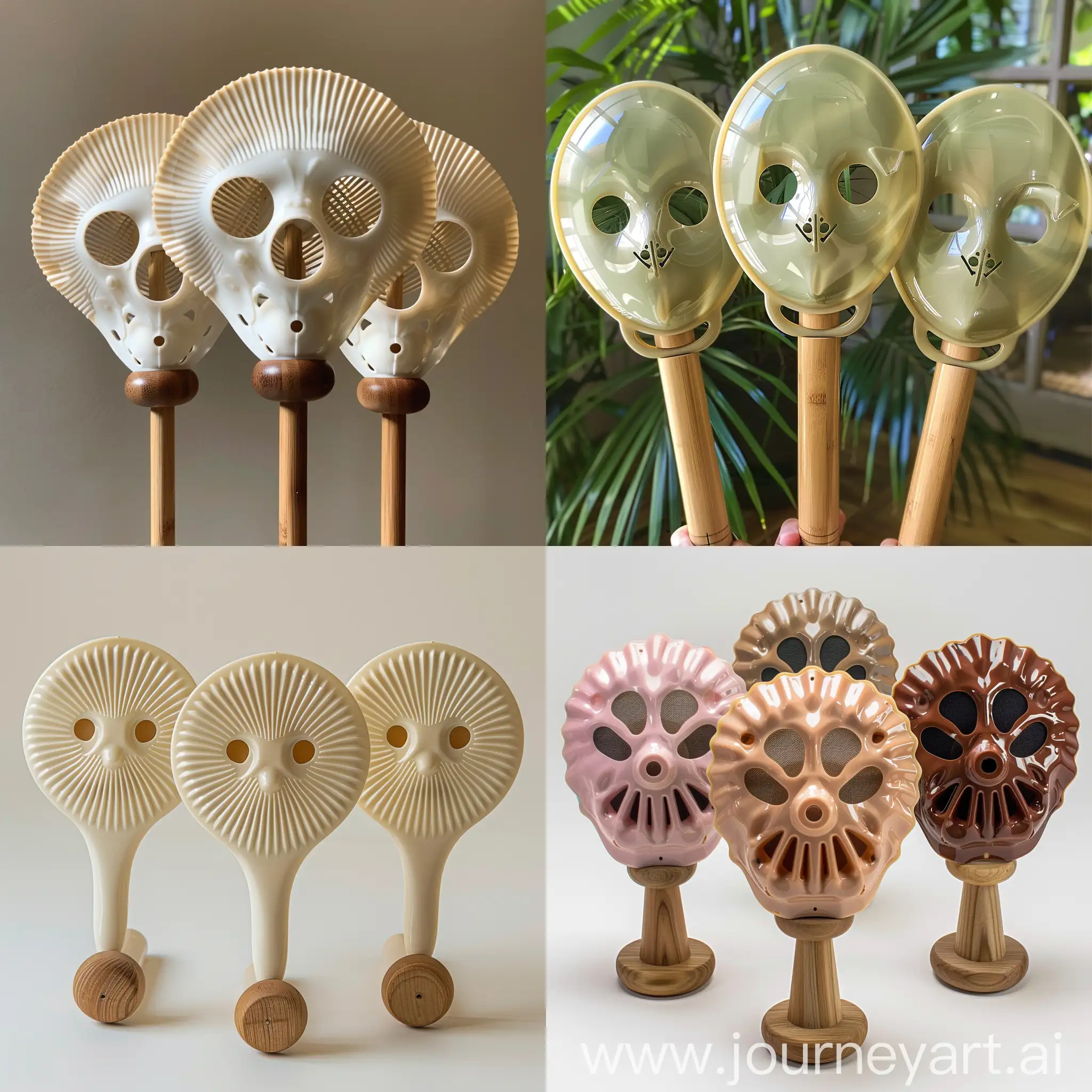 三把扇子，木质圆柄，扇面用塑料制成，形状是傩面具，面具的眼睛部分开孔，扇面大小跟人脸大小差不多