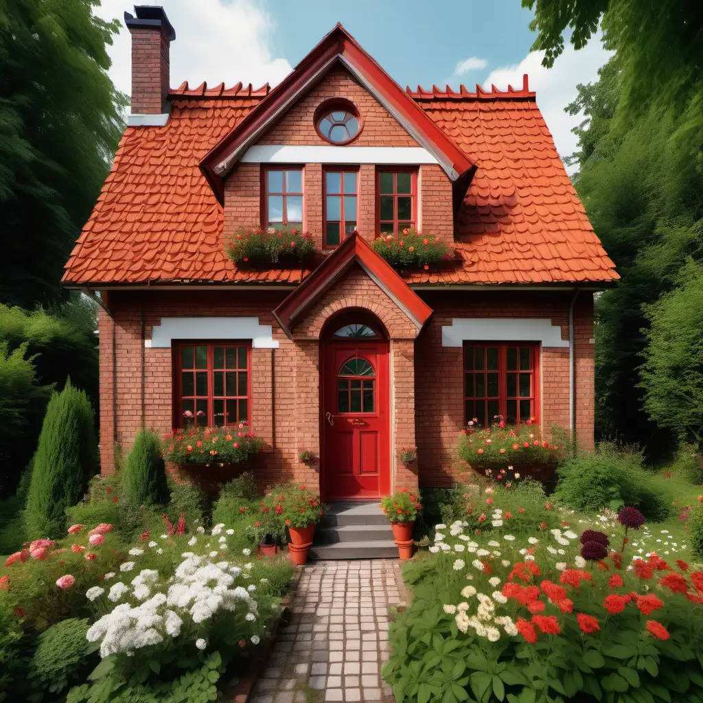 Old red brick house, cute, with many windows and with a gable roof and a tiny round window in attic, there are a lot of threes and flowers in the garden, beautiful cottage, small cottage, tiny old house, with a porch