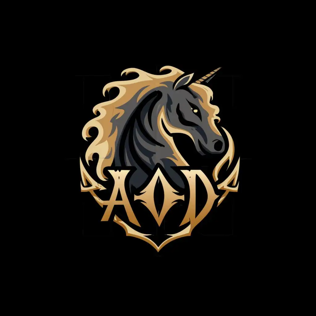 a logo design,with the text "AOD", main symbol:darkness, horse, mystic,complex,clear background