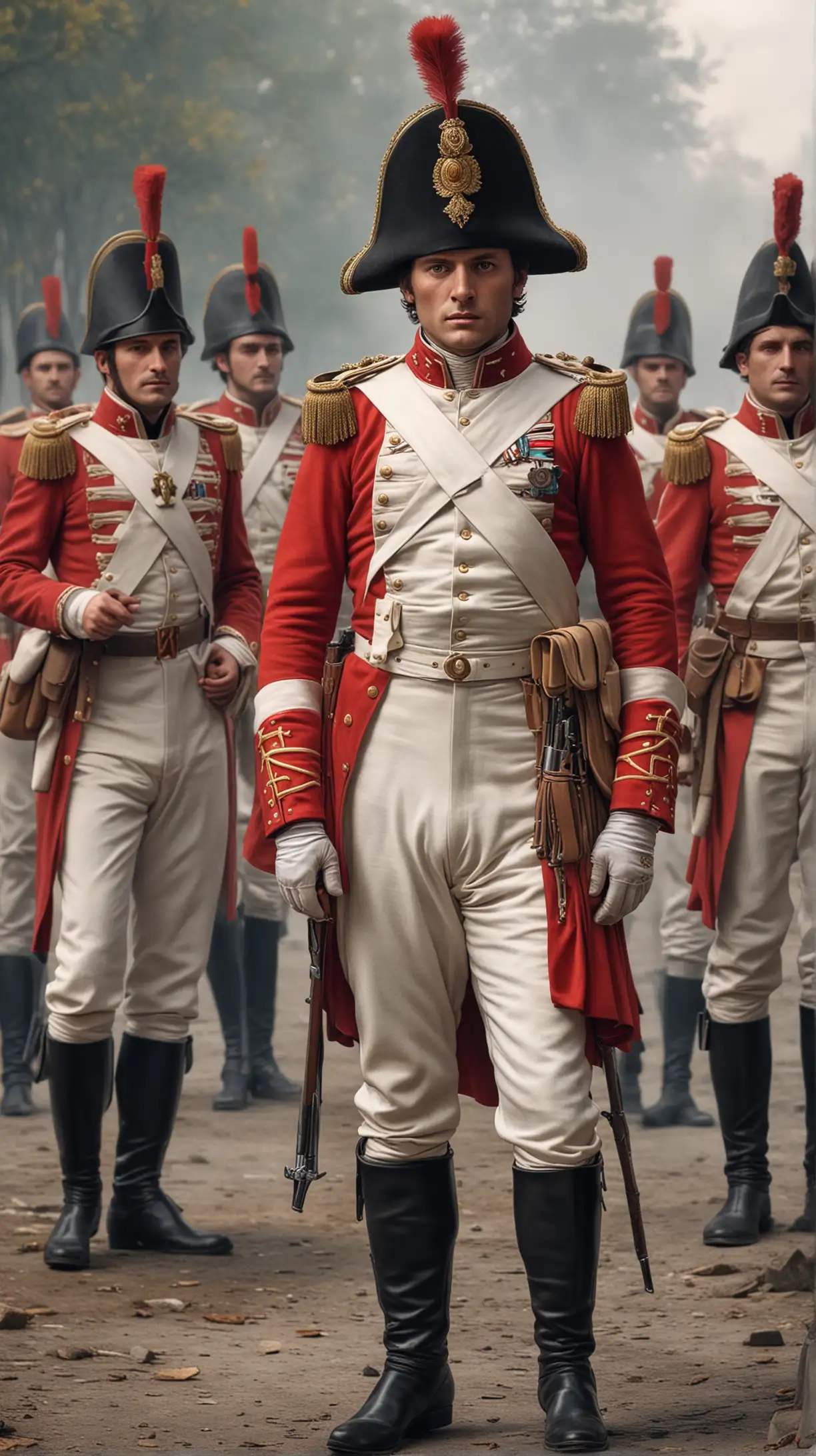 Image of Napoleon with Swiss soldiers in iconic uniforms. Hyper realistic