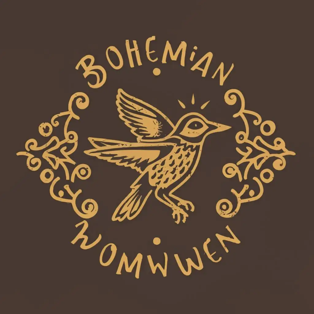 logo, bohemian clothing with a wren bird in logo, with the text "Bohemiwren", typography
