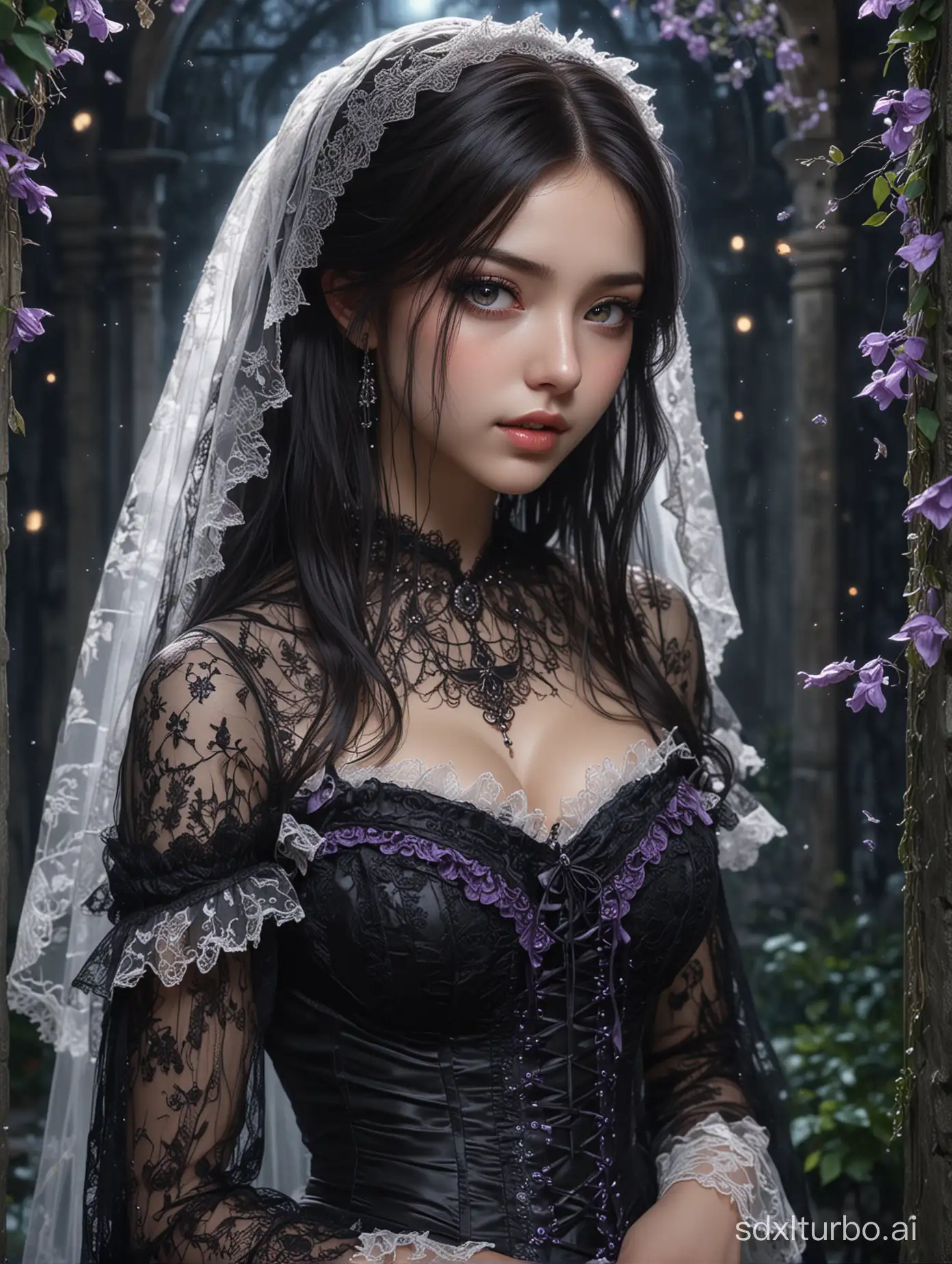 Night, purple eyes, revealing an evil aura, 21 year old girl, professional photo, masterpiece, photorealism, ultra-detailed, photorealistic, ultra-high resolution masterpiece, best quality, ultra-detailed, colorful, watercolor, creating a charming long Hair anime character, eyes hidden beneath a delicate lace veil, adding an air of elegance and intrigue. She wore a black Victorian Gothic gown with a corset and ruffled lace detail. The character stands in the moonlit garden of an old, overgrown mansion, surrounded by ivy-covered stone walls and softly glowing fireflies. This scene should evoke a sense of gothic romance and mystery. Pay attention to the intricate lace and moonlight effects on the texture, and avoid watermarks.