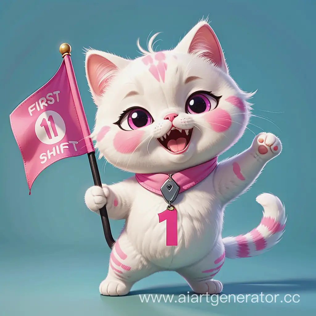 
белый мультяшный с розовыми щёчками кот, 
 у которого флажок в руке с надписью "онлайн смена первых". на фоне знак "движения первых" цифра 1

