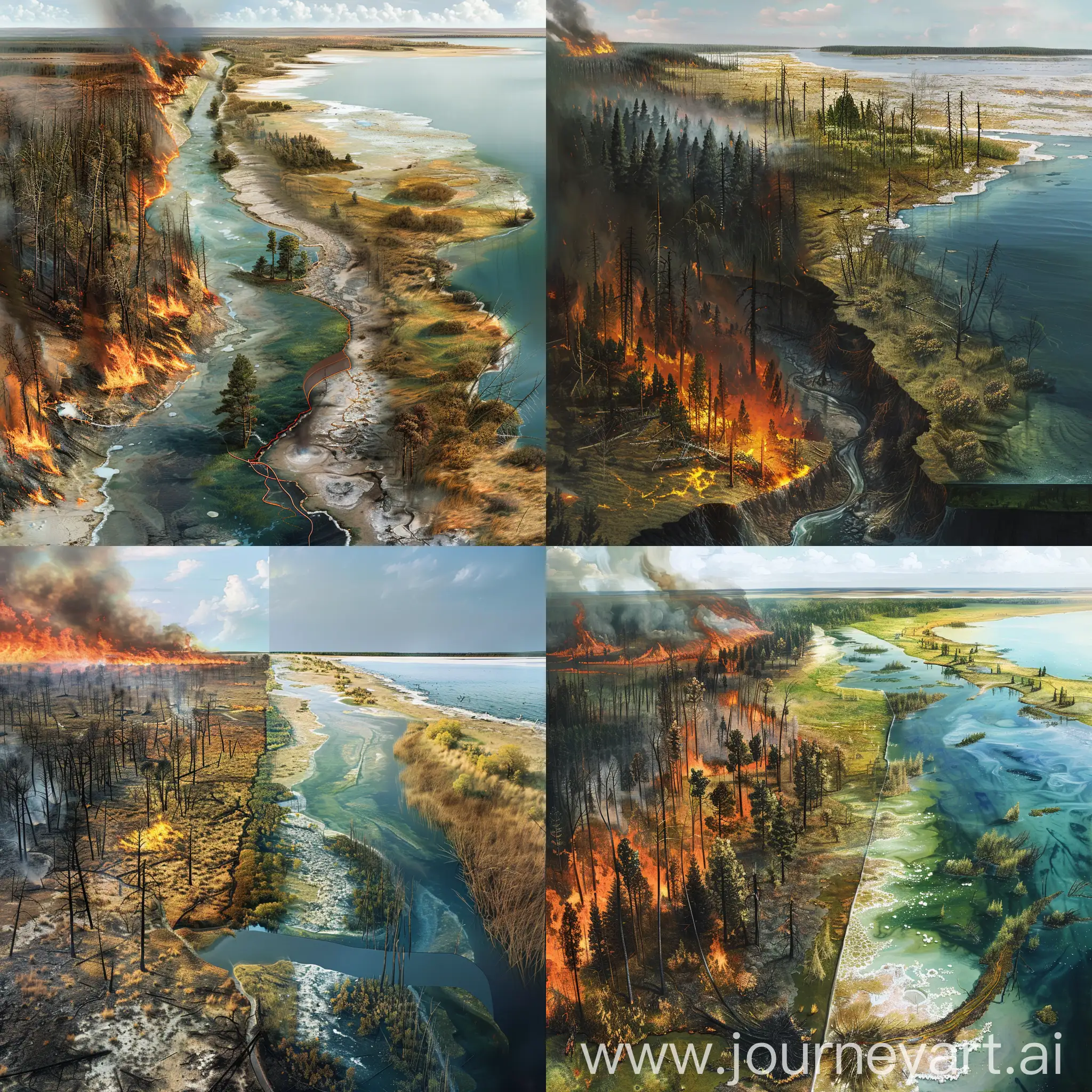 画面的左边是大片森林，森林正在发生有森林火灾和并且存在烧焦的树木，森林右边缘是小面积的草地和灌木丛，往右是一大片湖泊，湖岸边上有火灾过后烧焦的树木，画面中存在一条横穿发生火灾的森林与盐碱地的河流并且汇入画面右边的湖泊，河流同时将火灾后烧焦树木所产生的污染物带进湖泊中，画面中湖泊占大部分区域，以近乎于平视的斜视的视角看这场景作画，湖泊中有污染痕迹，并且在图片下方十分之一的画面为该地区的竖直剖面图，能表现湖泊的剖面图，画面的整体呈油画的风格，剖面图与整个画面的地理结构符合只占图片的十分之一。湖泊里无水生植物，画面更为简洁，