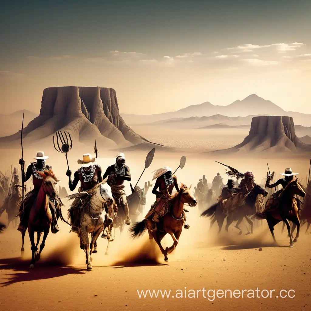 Epic-Desert-Clash-African-Tribes-vs-Cowboys-Battle-Amidst-Mountainous-Terrain