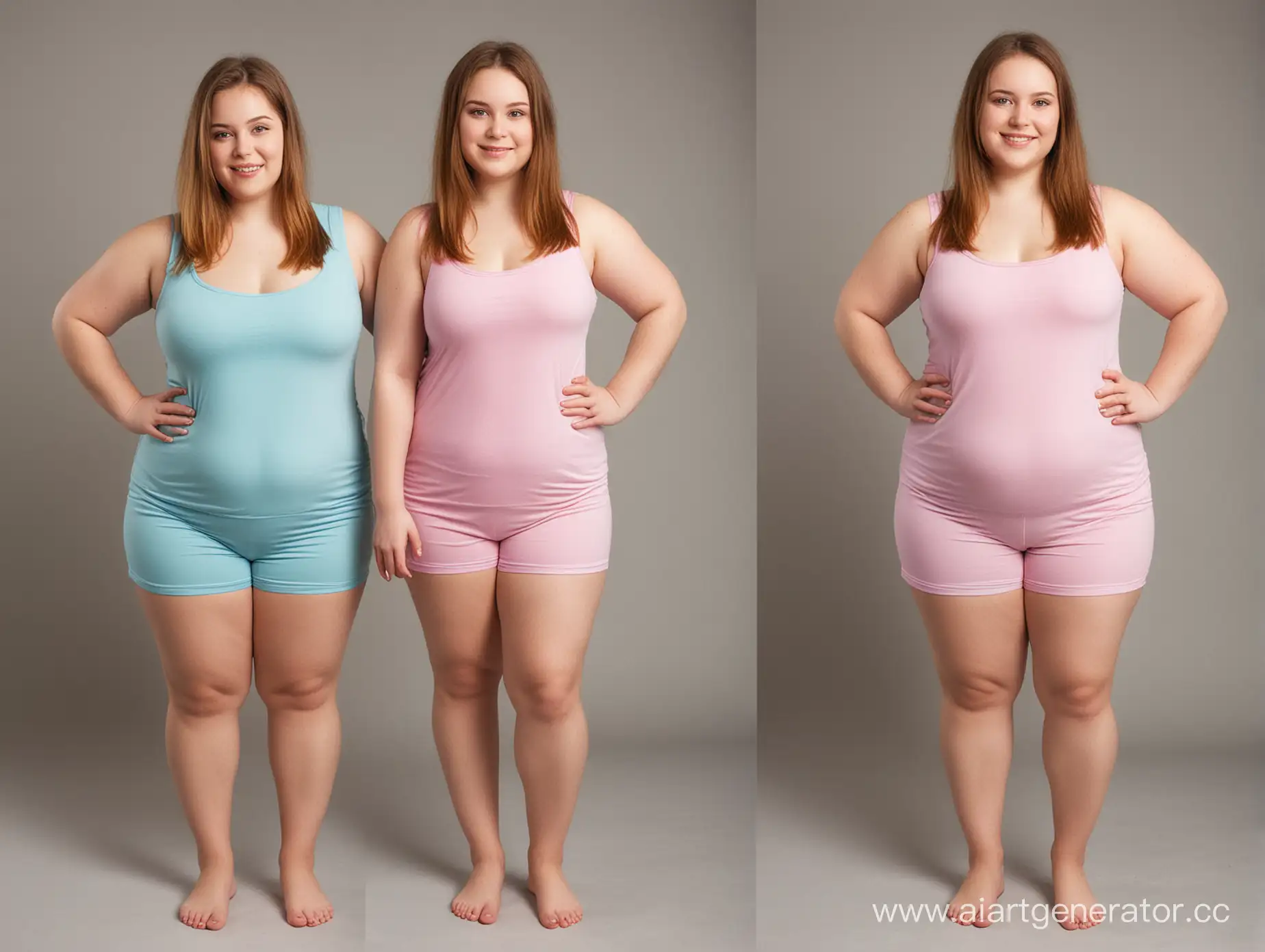создайте новое качественное фото с двумя  девушками - они одинаково одеты, но с разынми фигурами - одна толстая, другая худая