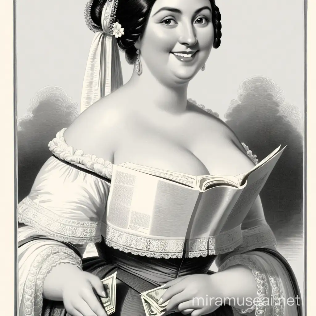 A full-figured woman in an early 19th century dress, with open shoulders and cleavage. Straight black hair pulled back into a tight updo. She smiles slyly and holds up papers from the bank. In the style of 3d animation