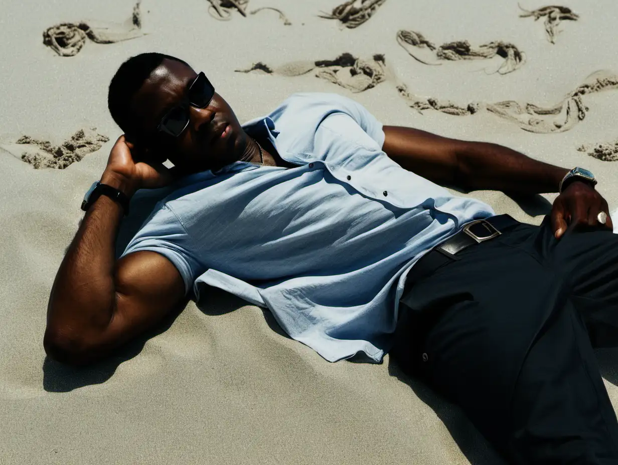 Cool looking Black man Laying on the beach

