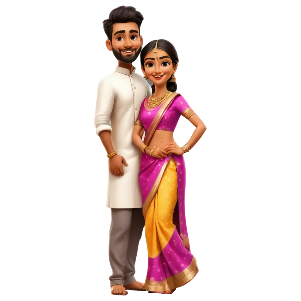 south indian wedding caricature in pinkish outfit of bride in saree and groom in lungi