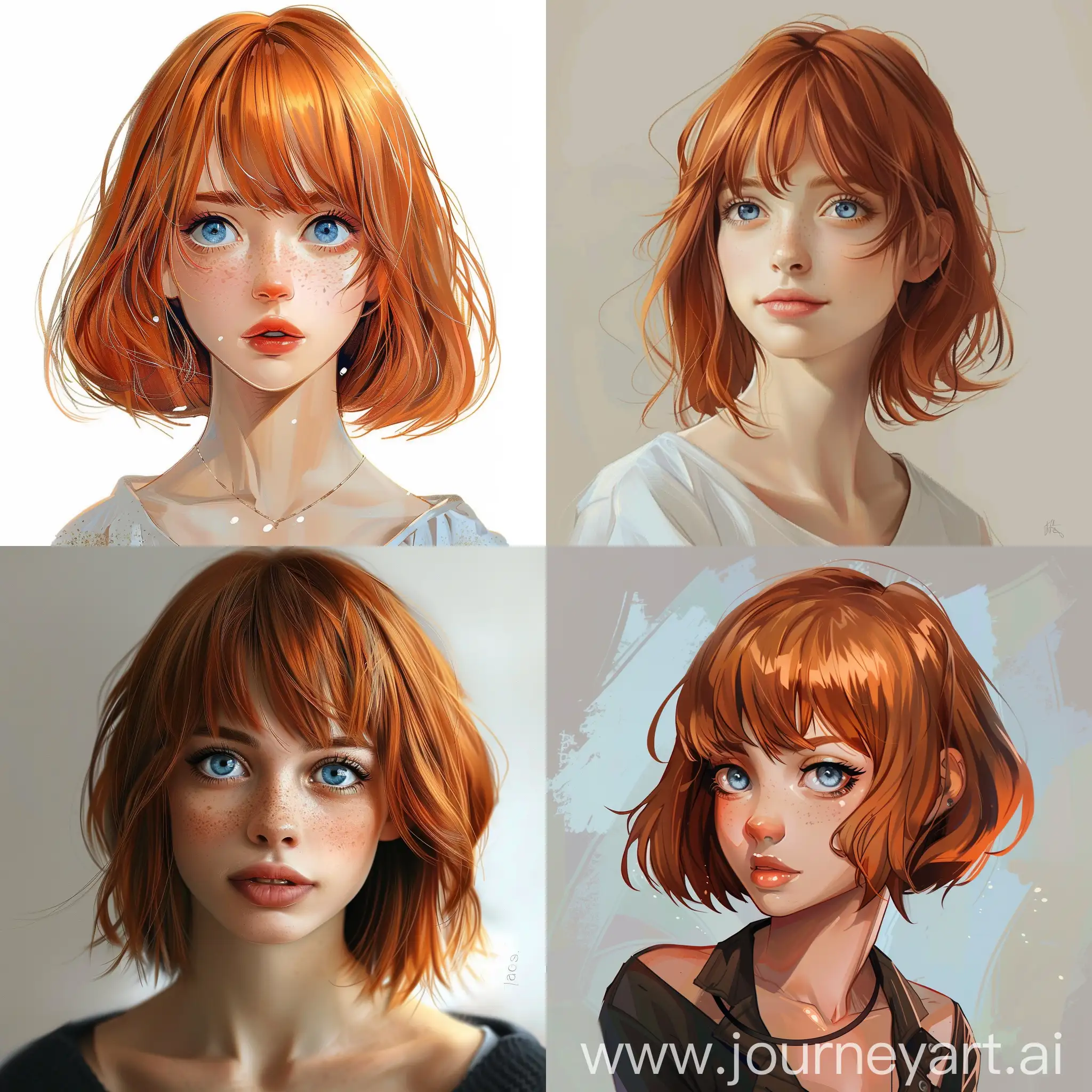 a beautiful short hair red head girl with bangs and blue eyes, realistic style

