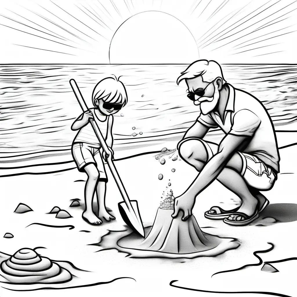 A simple black and white line drawing in Pixar style cartoon drawing of  the beach and sea.
 A mother with white hair and white swimsuit  is sitting on a white towel on the sand in a swim suit and a father with white hair and white shirt and white sunglasses and white beard is splashing in the se and a young boy with white hair a white sun hat and white shorts is building a sandcastle with a small white bucket and spade is building a sandcastle and a young boy with white hair, white shorts white sun hat is digging a hole with a white shovel.
 for child colouring page

