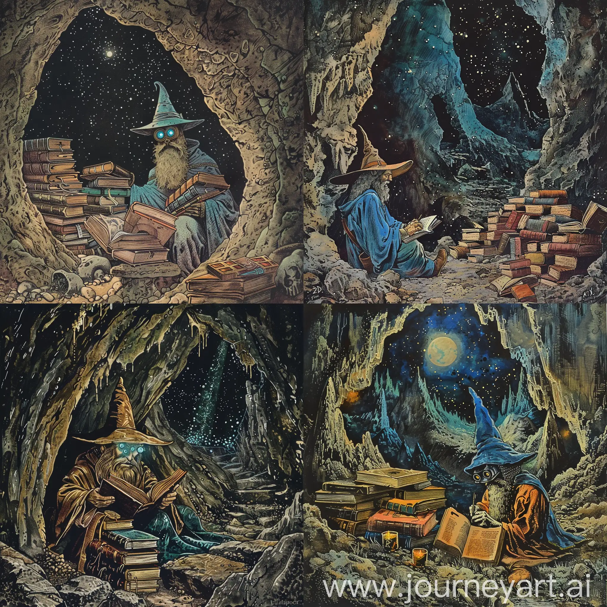 Dark-Fantasy-Wizard-Studying-Books-in-Cave-Beksiski-Style-Art