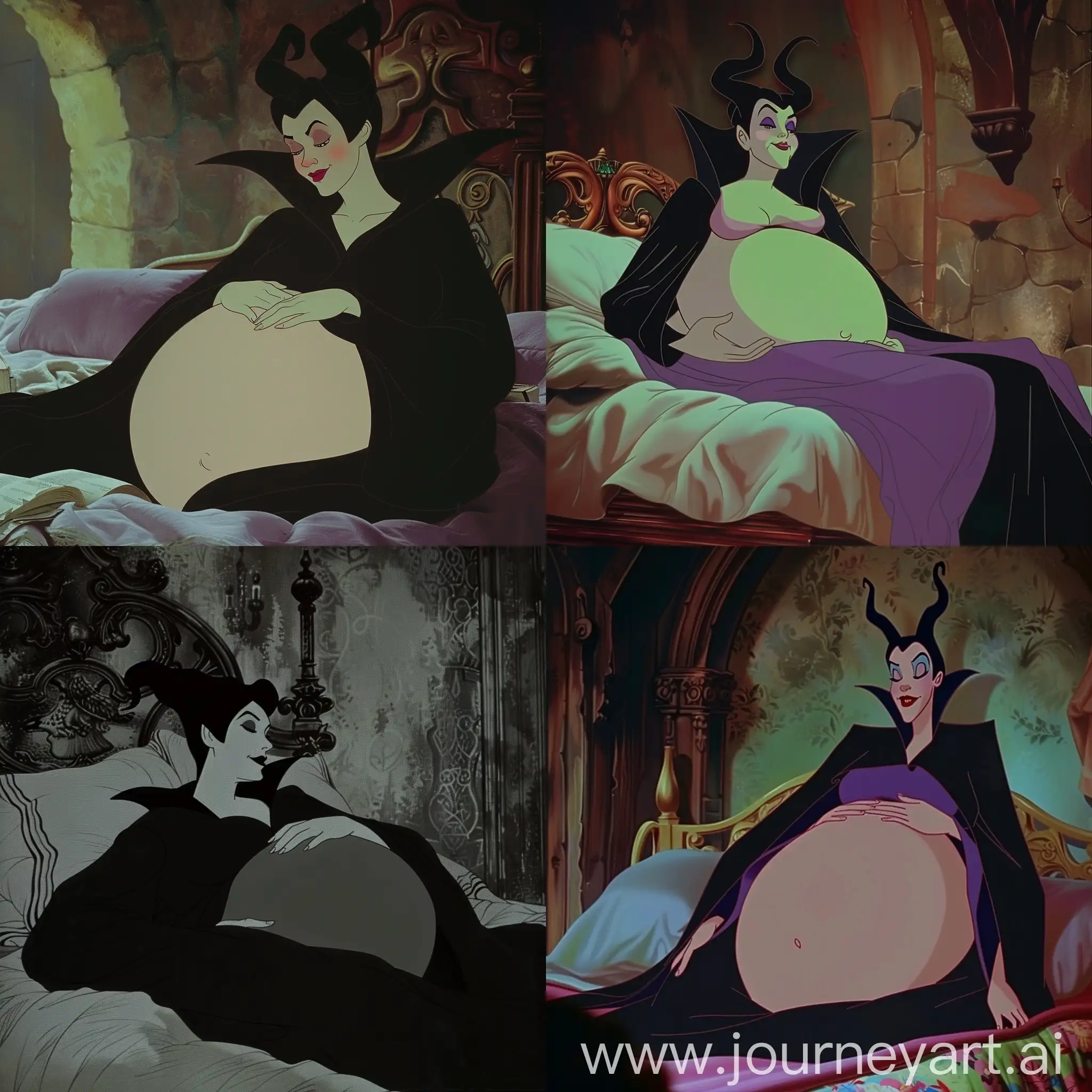 Maleficent, Very Pregnant, Her pregnant belly is very large, Laying in her bed, Bare belly.