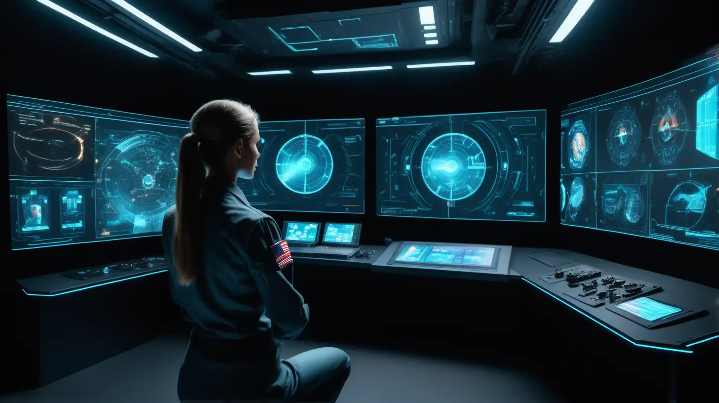 Show Commander Alexis monitoring holographic displays with tension in the air. Include futuristic interfaces and emergency lights. left view main view
