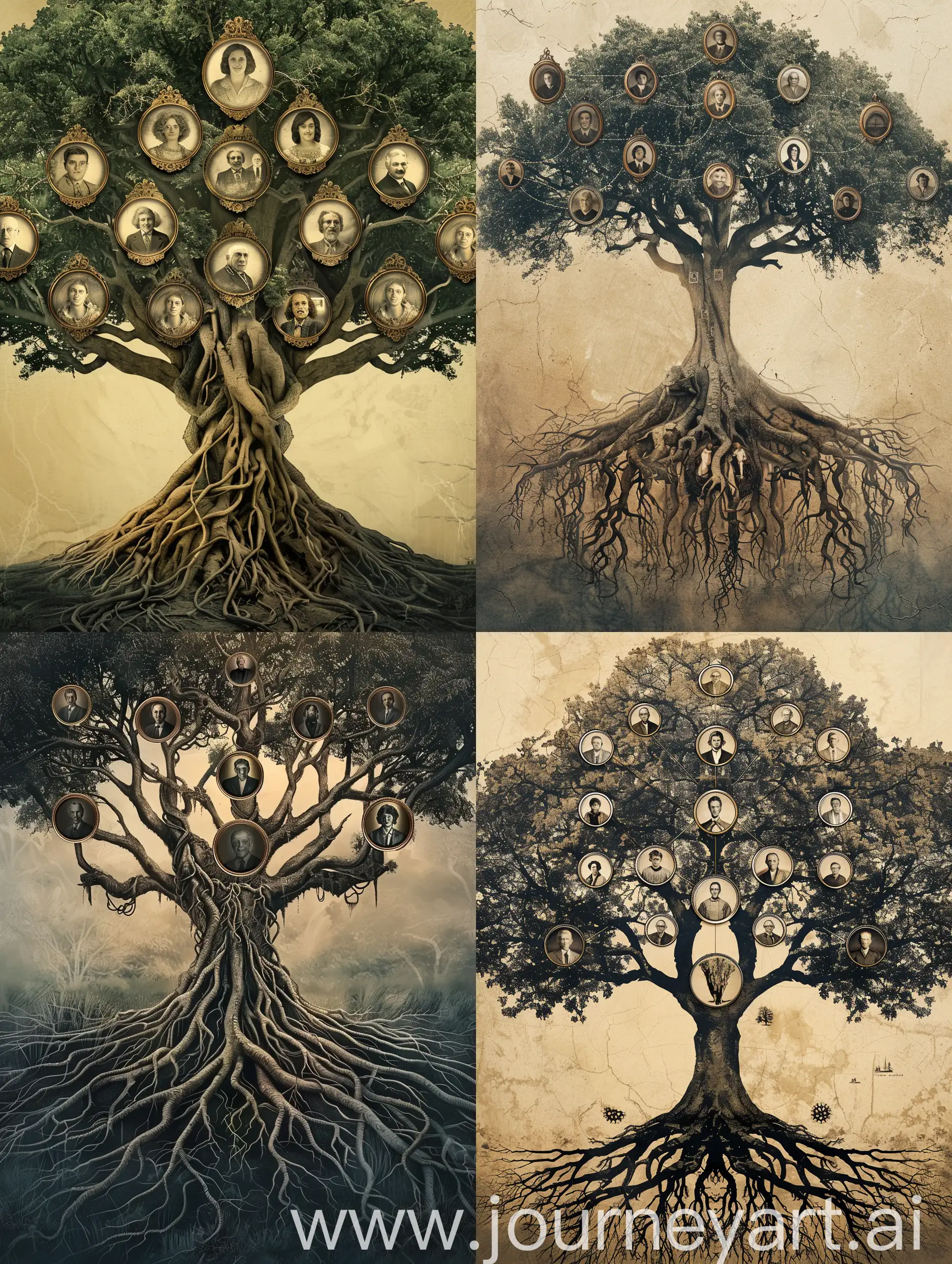 A vast, sprawling family tree with deep interlocking roots and circular framed ancestor photos on branches, radiating warmth.