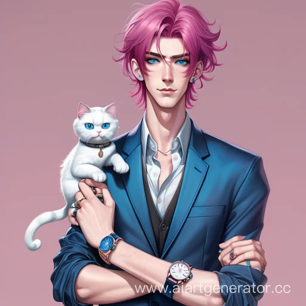 Высокий парень с темно-розовыми волосами,с голубыми глазам,с кошачьими зрачками,в облегающей одежде,с часами на руках