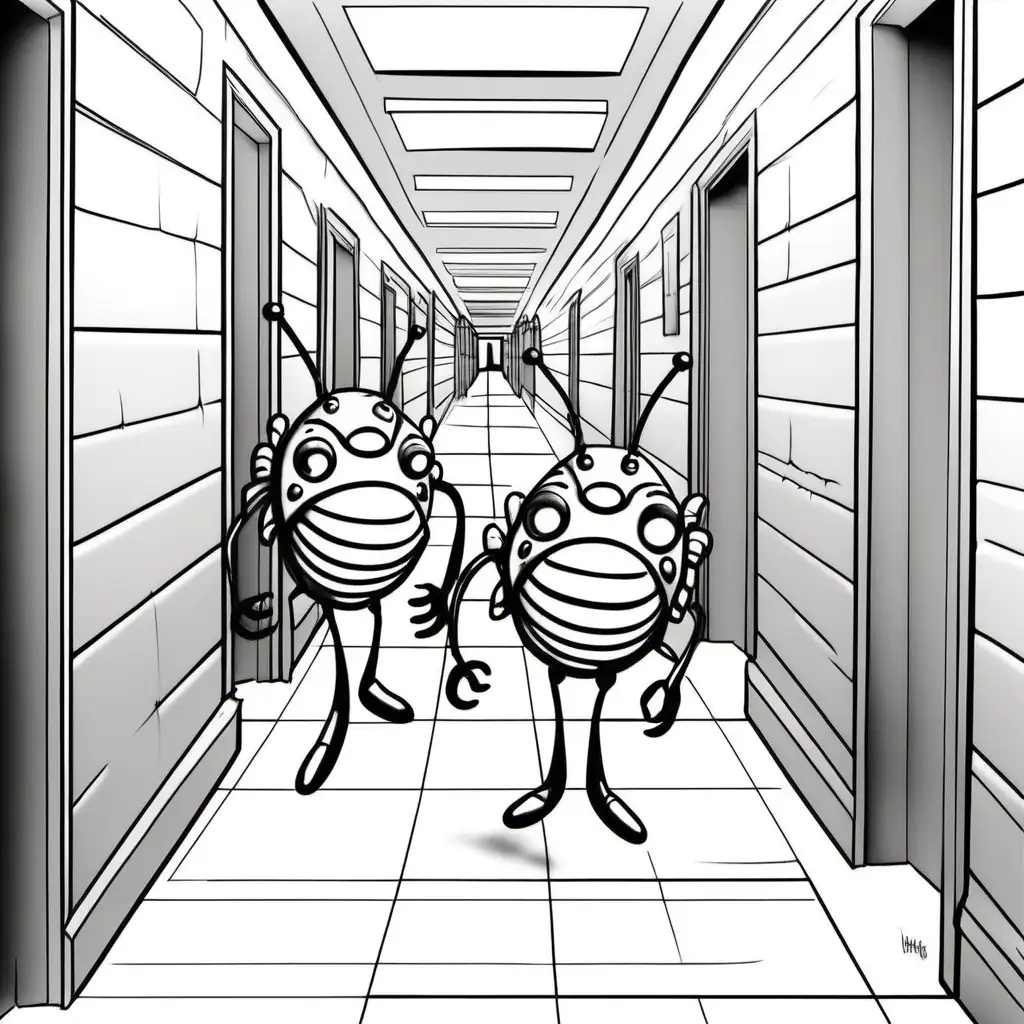 two alien bugs running in school hallway in NYC, coloring pages for teens